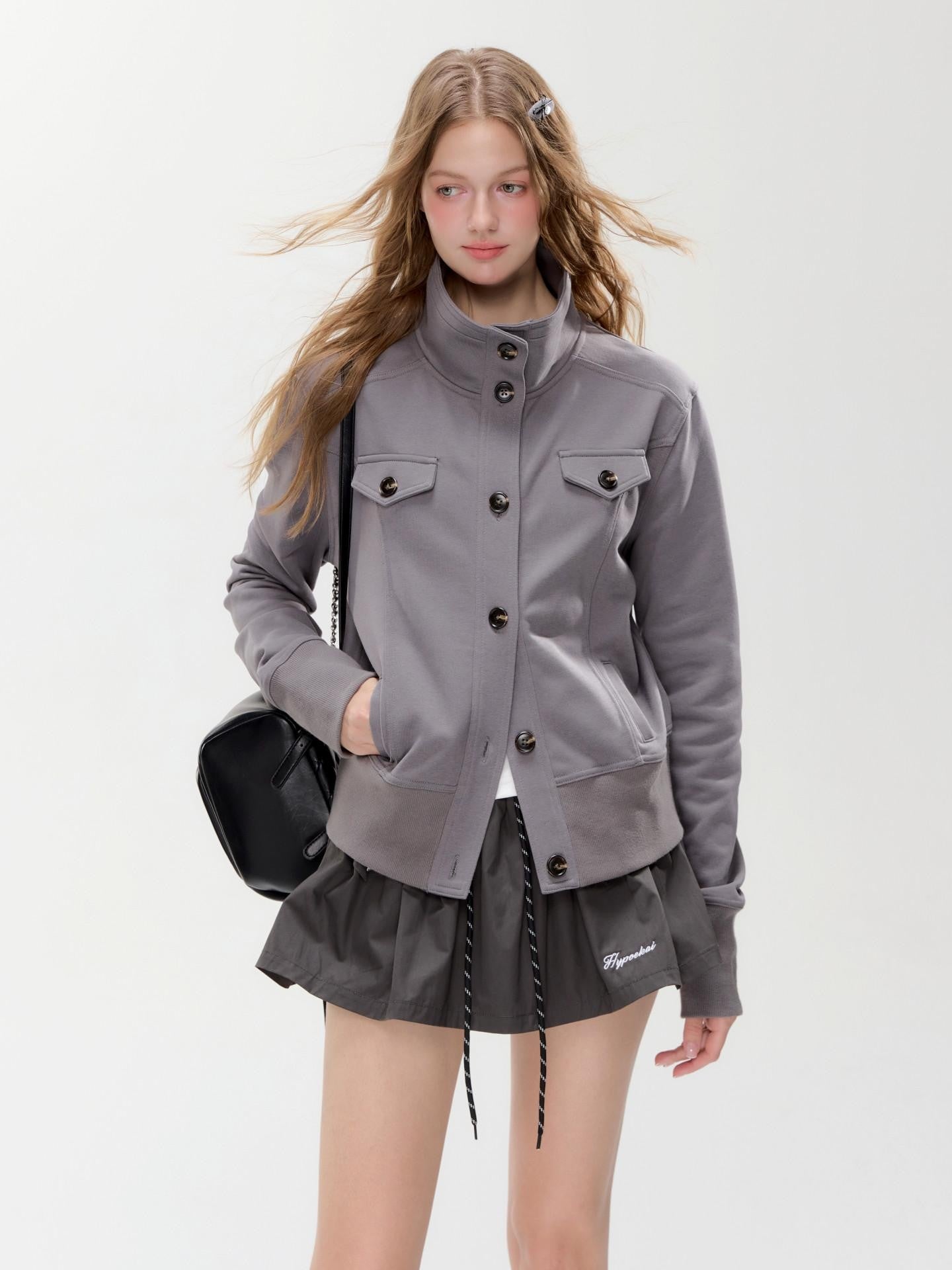 Hypoekai High Collar Pocket Slim Fit Short Tailored Women's Cropped Jackets