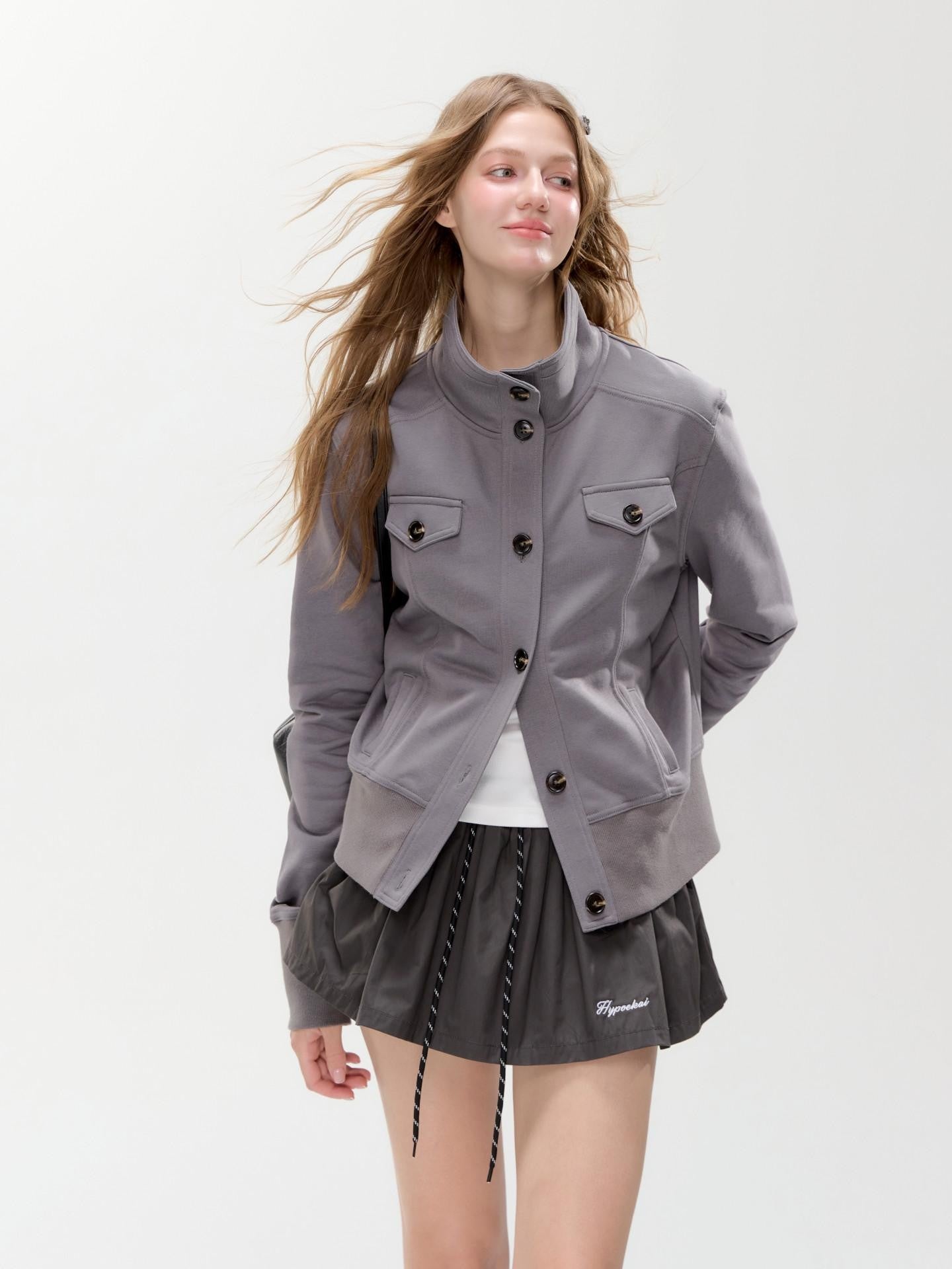 Hypoekai High Collar Pocket Slim Fit Short Tailored Women's Cropped Jackets