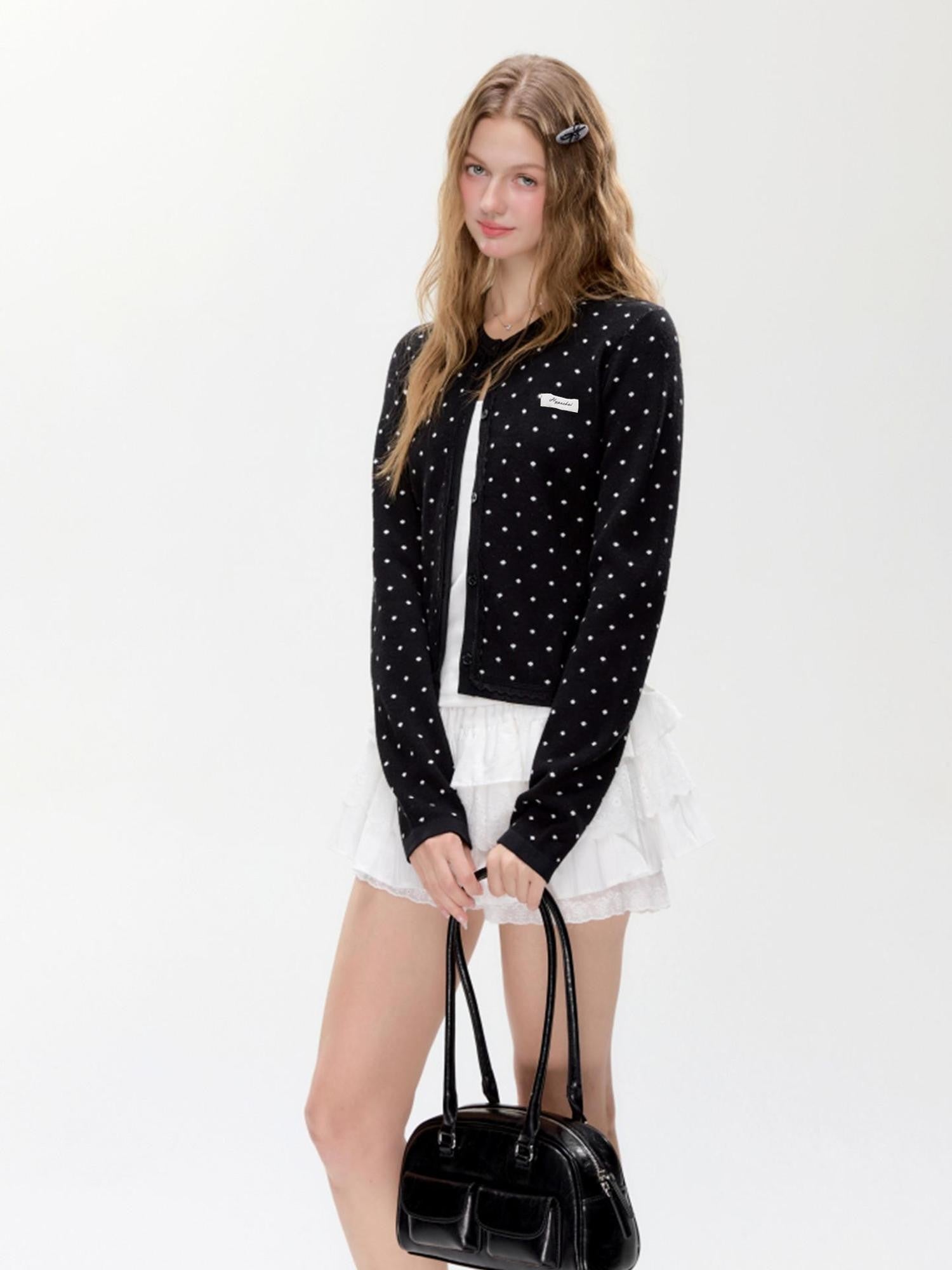 Hypoekai Ink Star Speckle Polka Dot Lace Trim Slim Women's Knit Cardigans