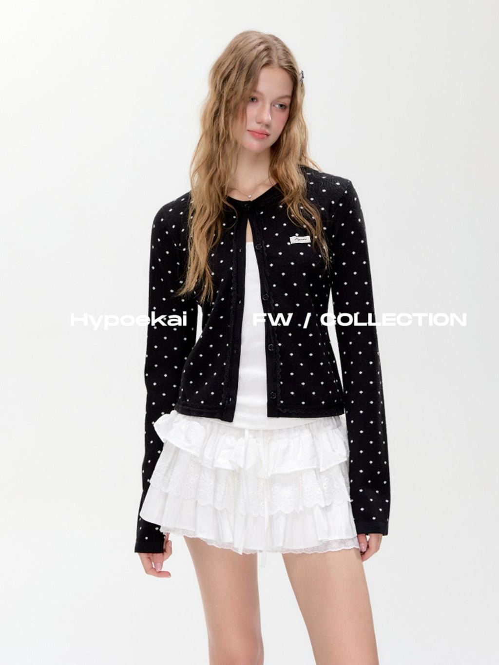 Hypoekai Ink Star Speckle Polka Dot Lace Trim Slim Women's Knit Cardigans