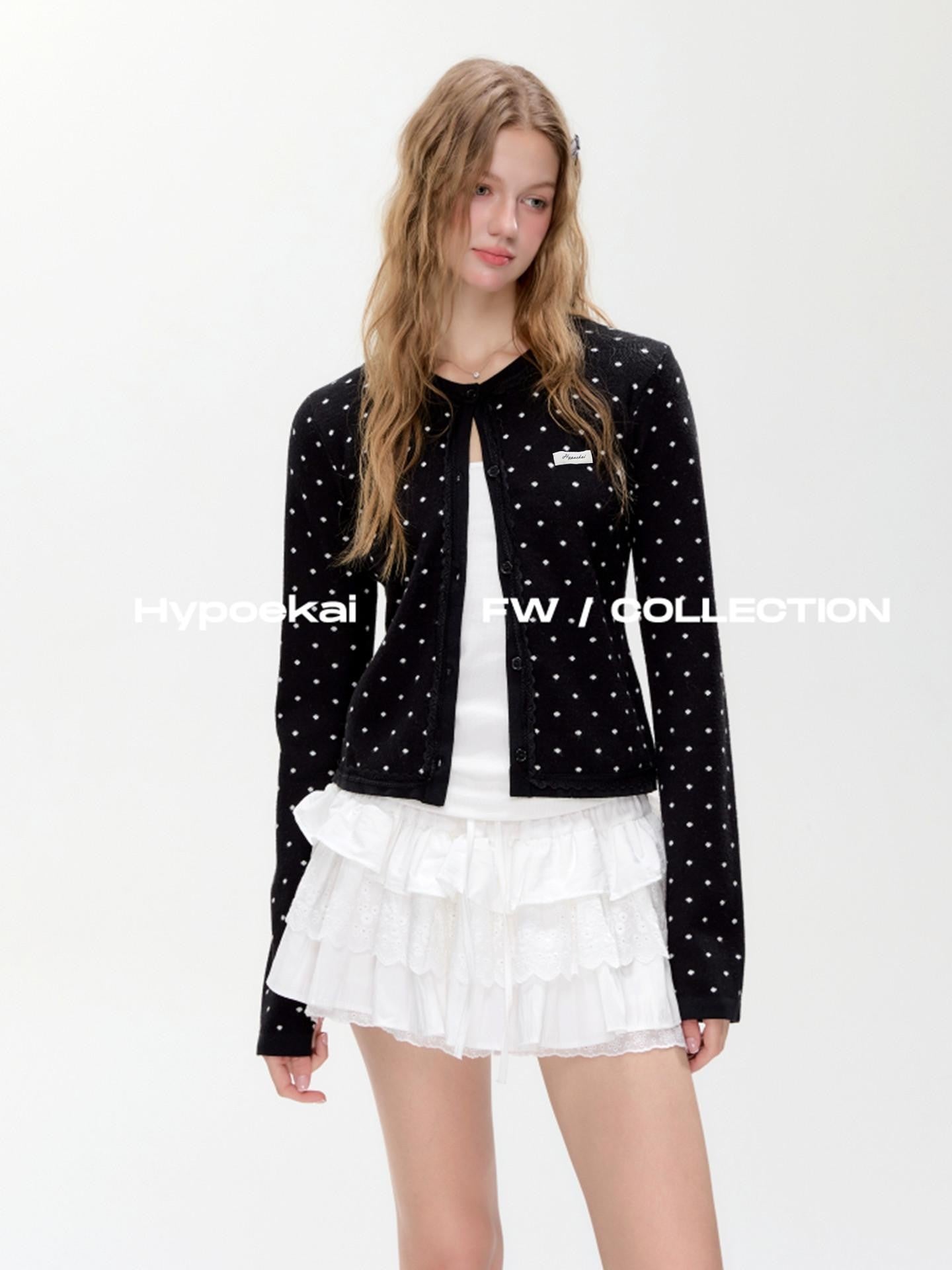 Hypoekai Ink Star Speckle Polka Dot Lace Trim Slim Women's Knit Cardigans