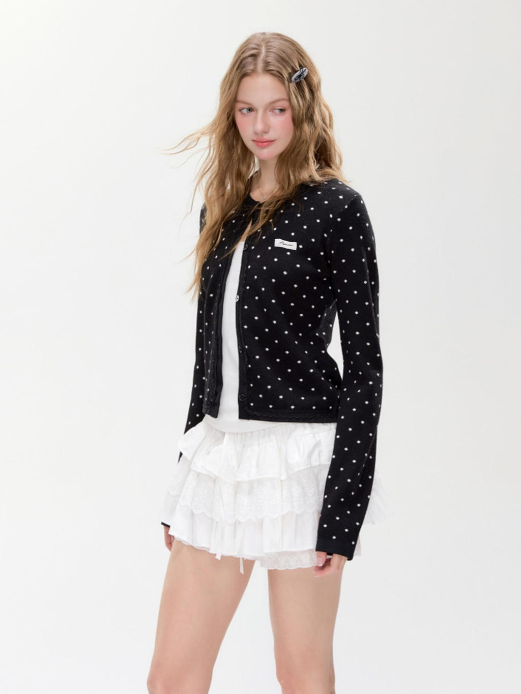 Hypoekai Ink Star Speckle Polka Dot Lace Trim Slim Women's Knit Cardigans