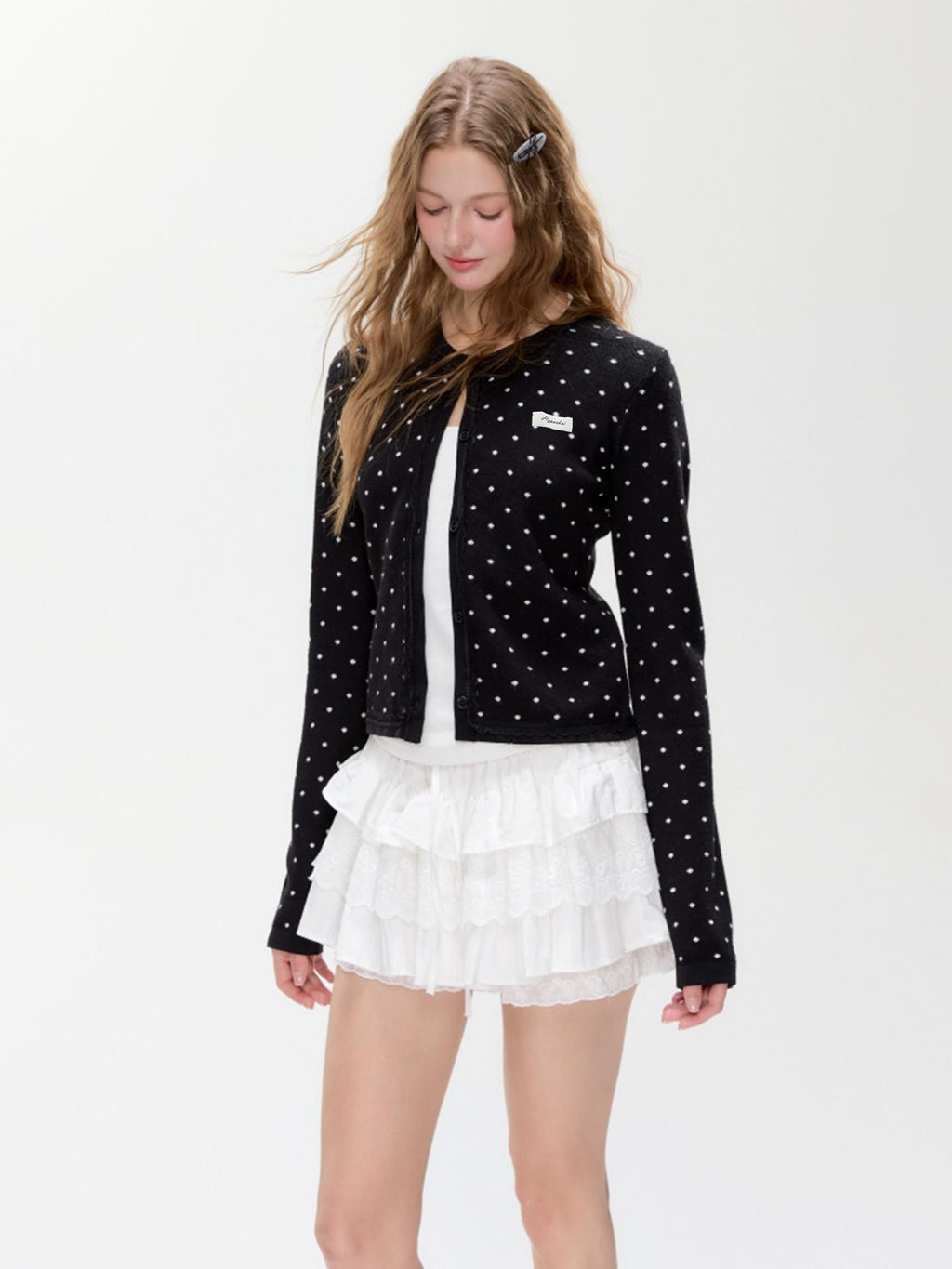 Hypoekai Ink Star Speckle Polka Dot Lace Trim Slim Women's Knit Cardigans
