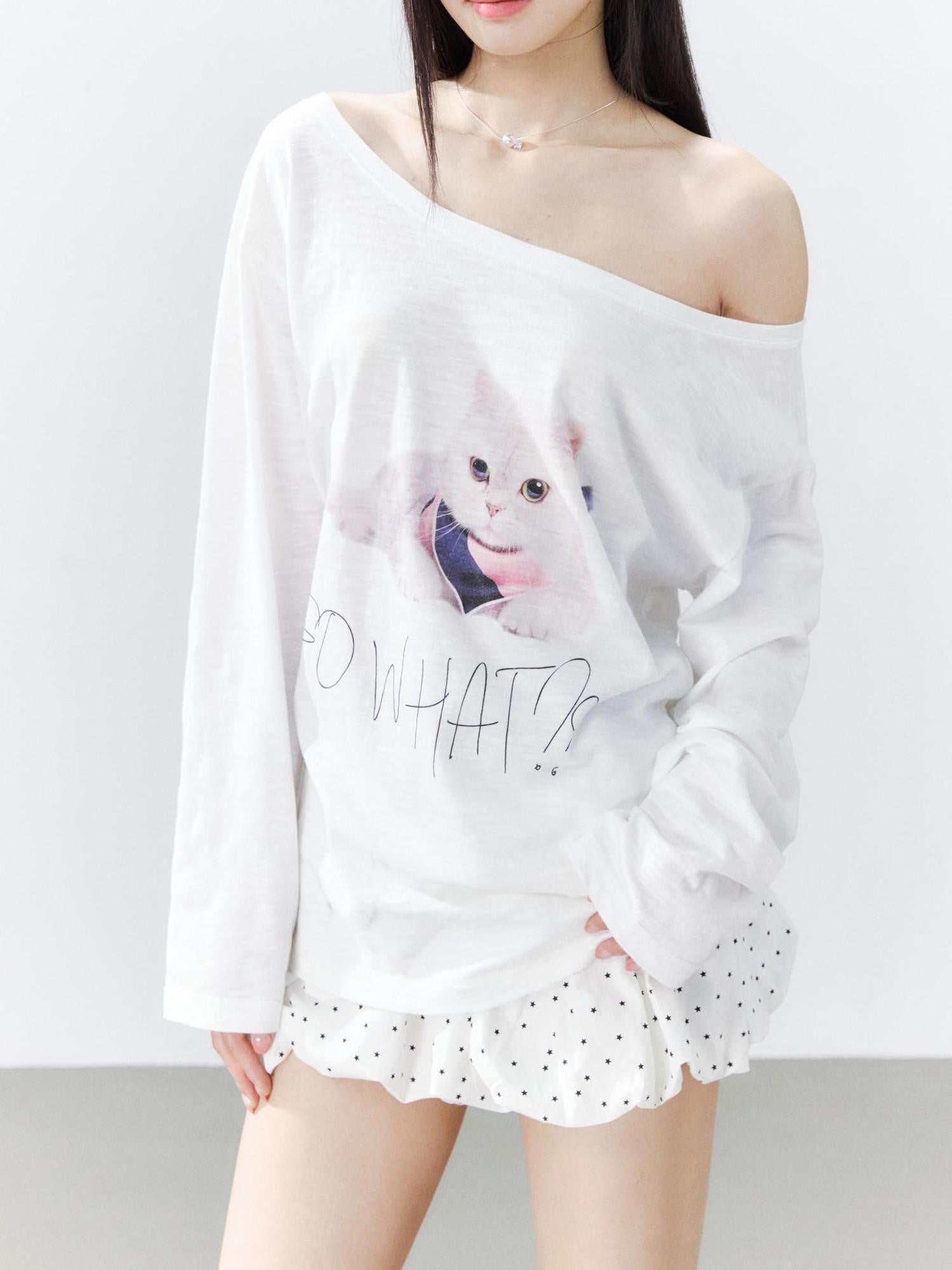 Hypoekai Kitten Print Oversized Sun Protective Women's Slub Cotton Long Sleeve T-shirts