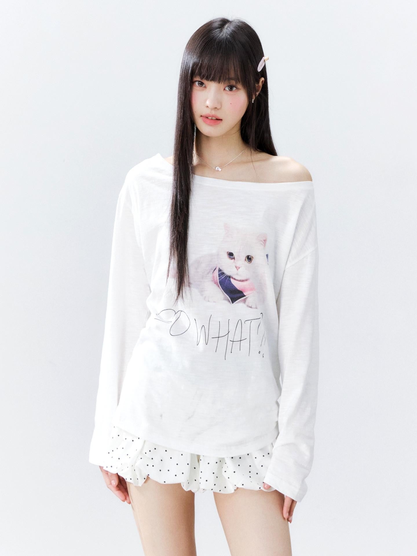 Hypoekai Kitten Print Oversized Sun Protective Women's Slub Cotton Long Sleeve T-shirts