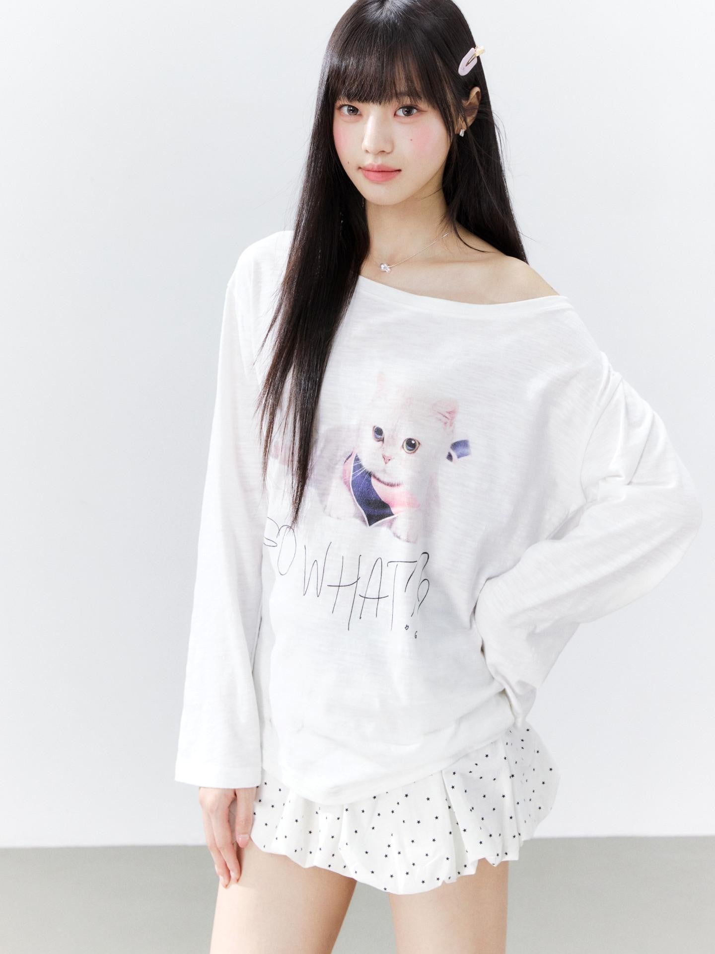 Hypoekai Kitten Print Oversized Sun Protective Women's Slub Cotton Long Sleeve T-shirts