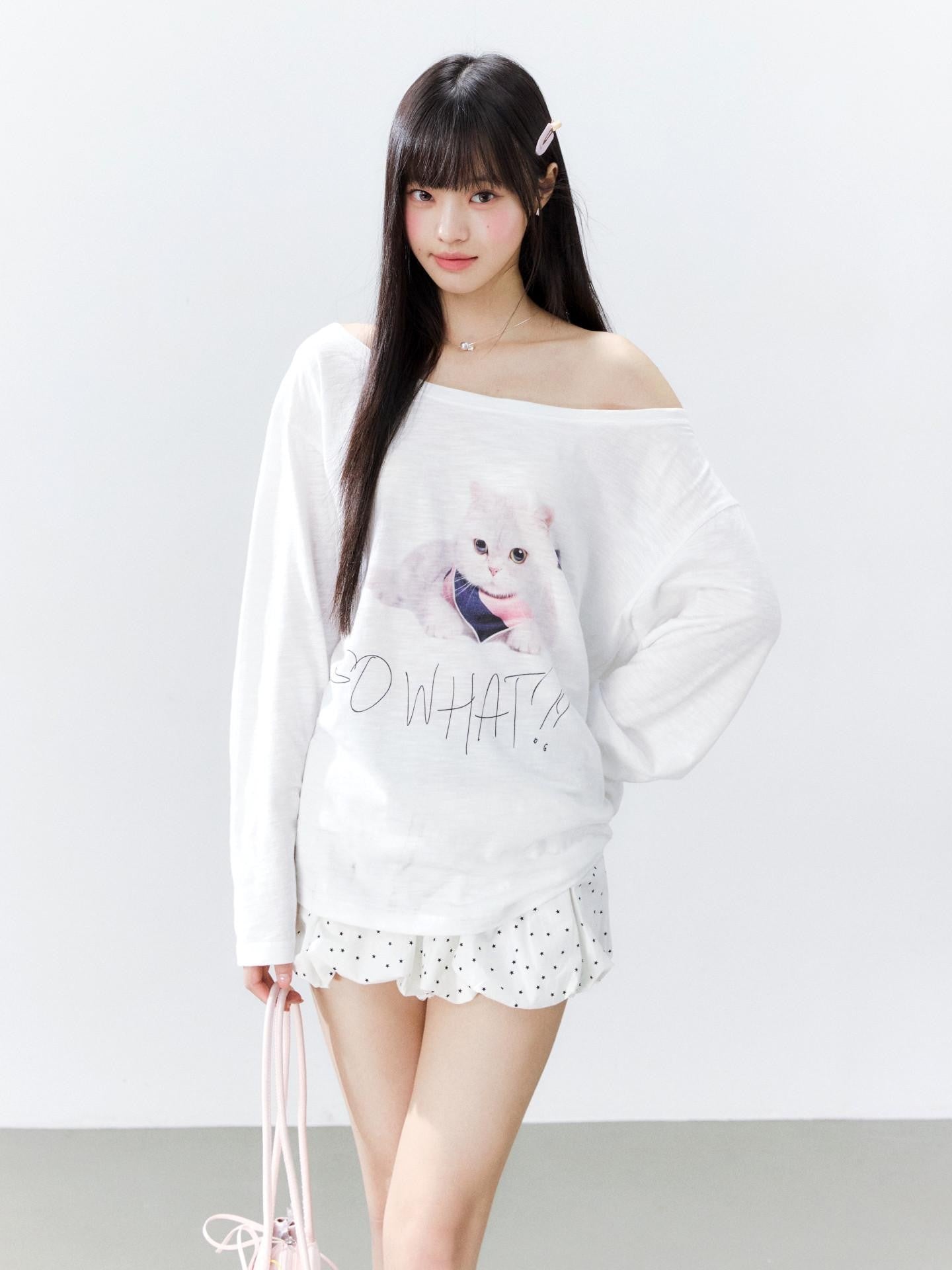 Hypoekai Kitten Print Oversized Sun Protective Women's Slub Cotton Long Sleeve T-shirts