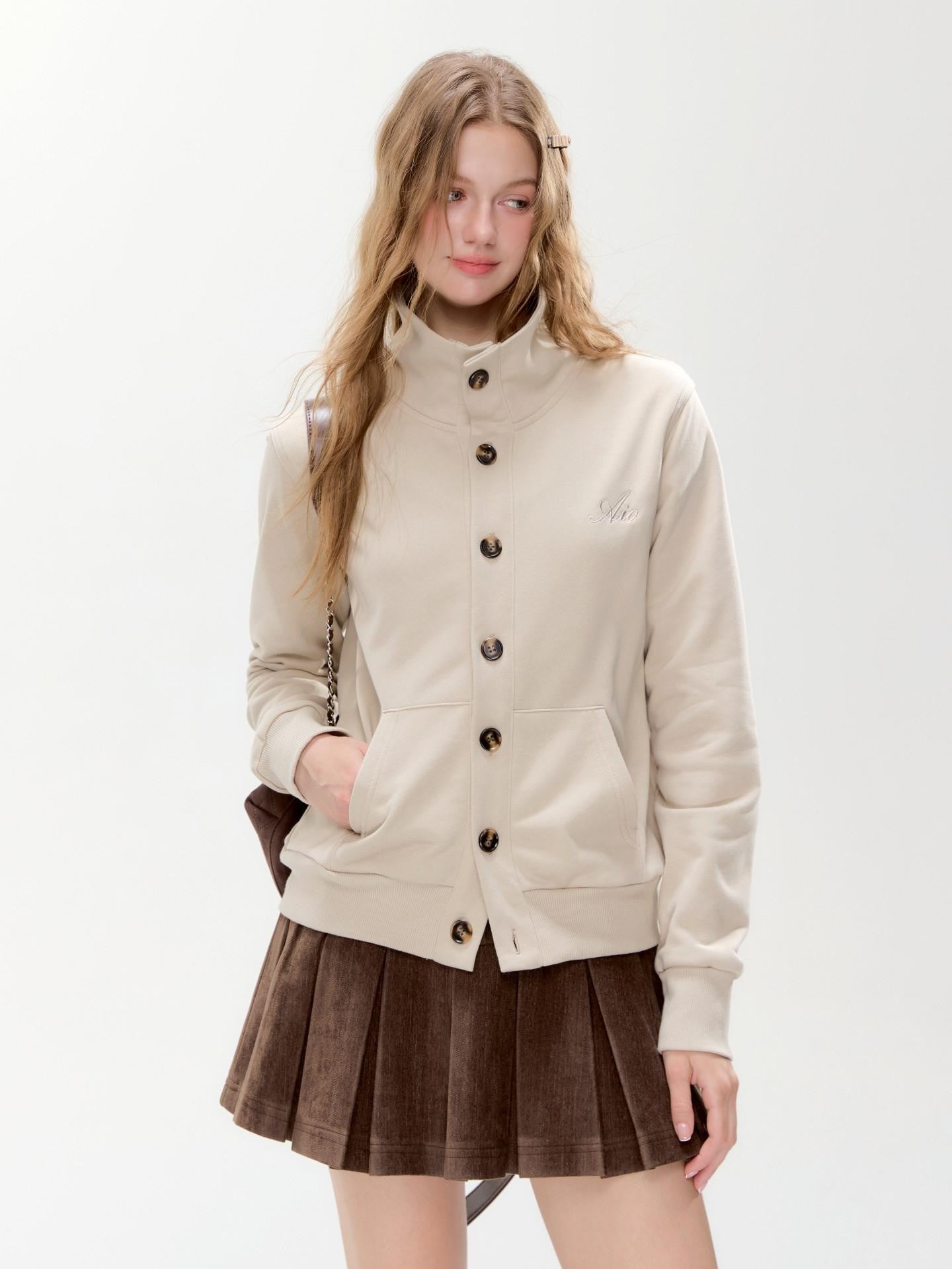 Hypoekai Light Beige Stand Collar Slim Fit Short Women's Sweatshirt Cropped Jackets