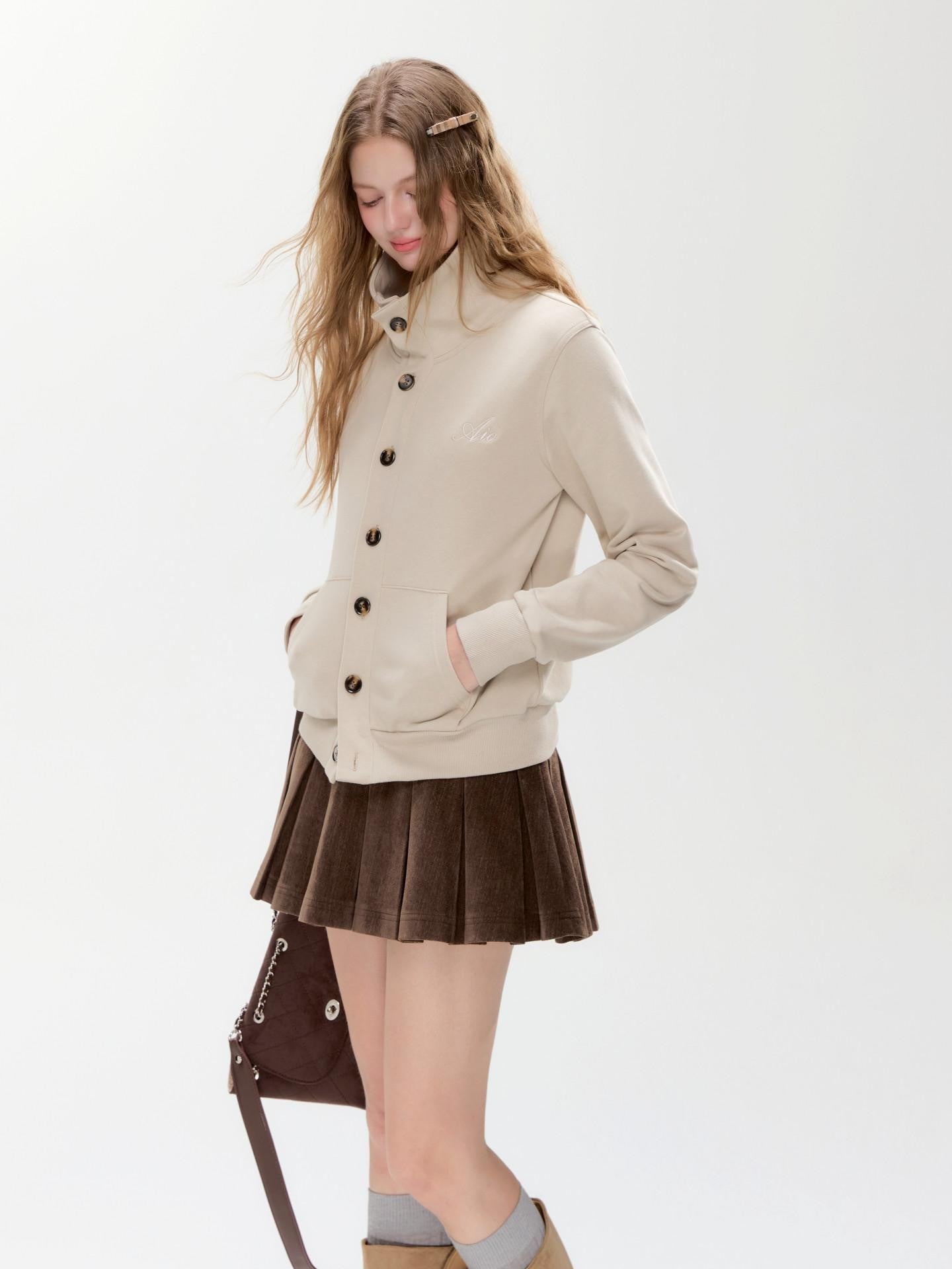Hypoekai Light Beige Stand Collar Slim Fit Short Women's Sweatshirt Cropped Jackets