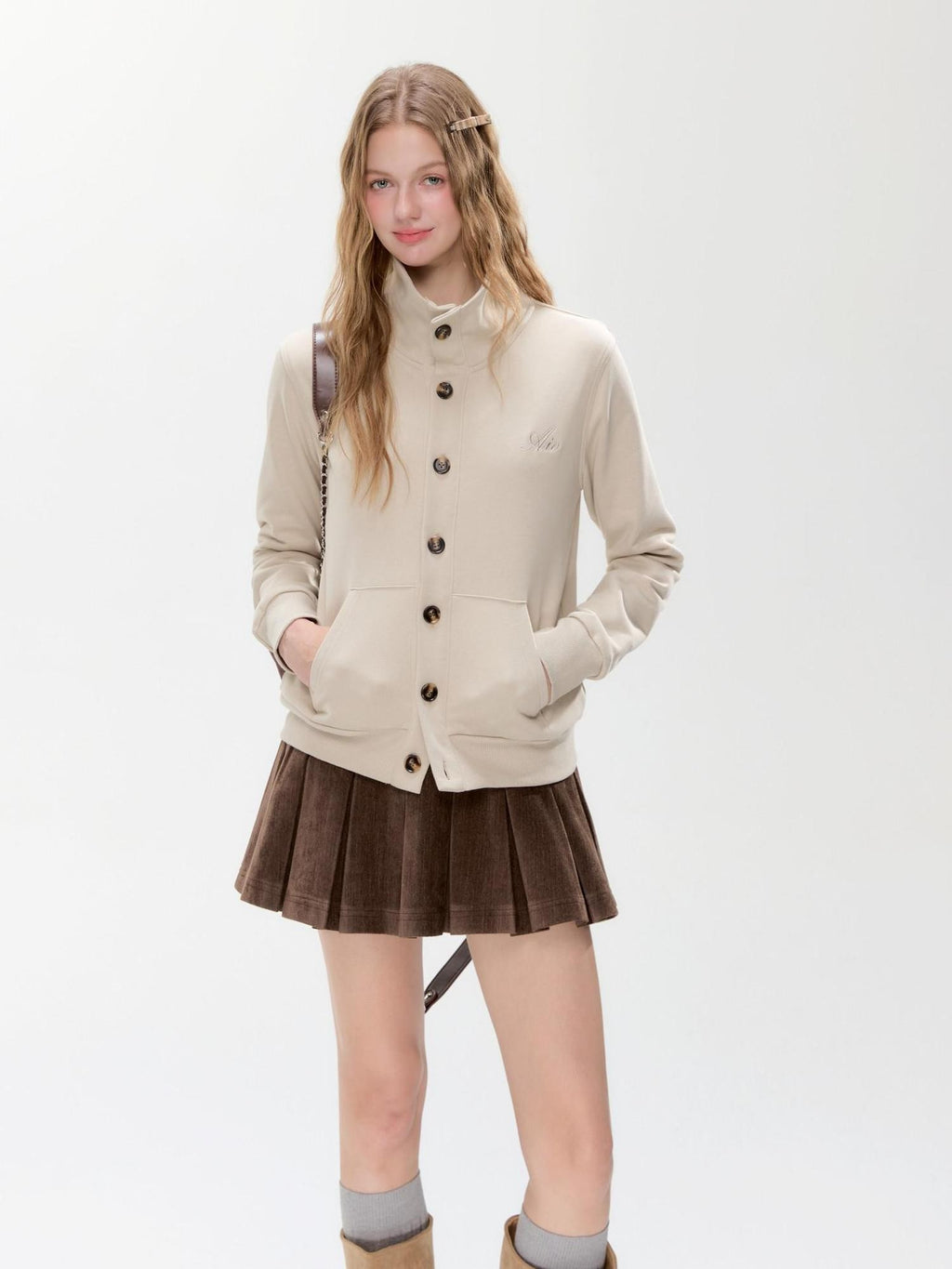 Hypoekai Light Beige Stand Collar Slim Fit Short Women's Sweatshirt Cropped Jackets
