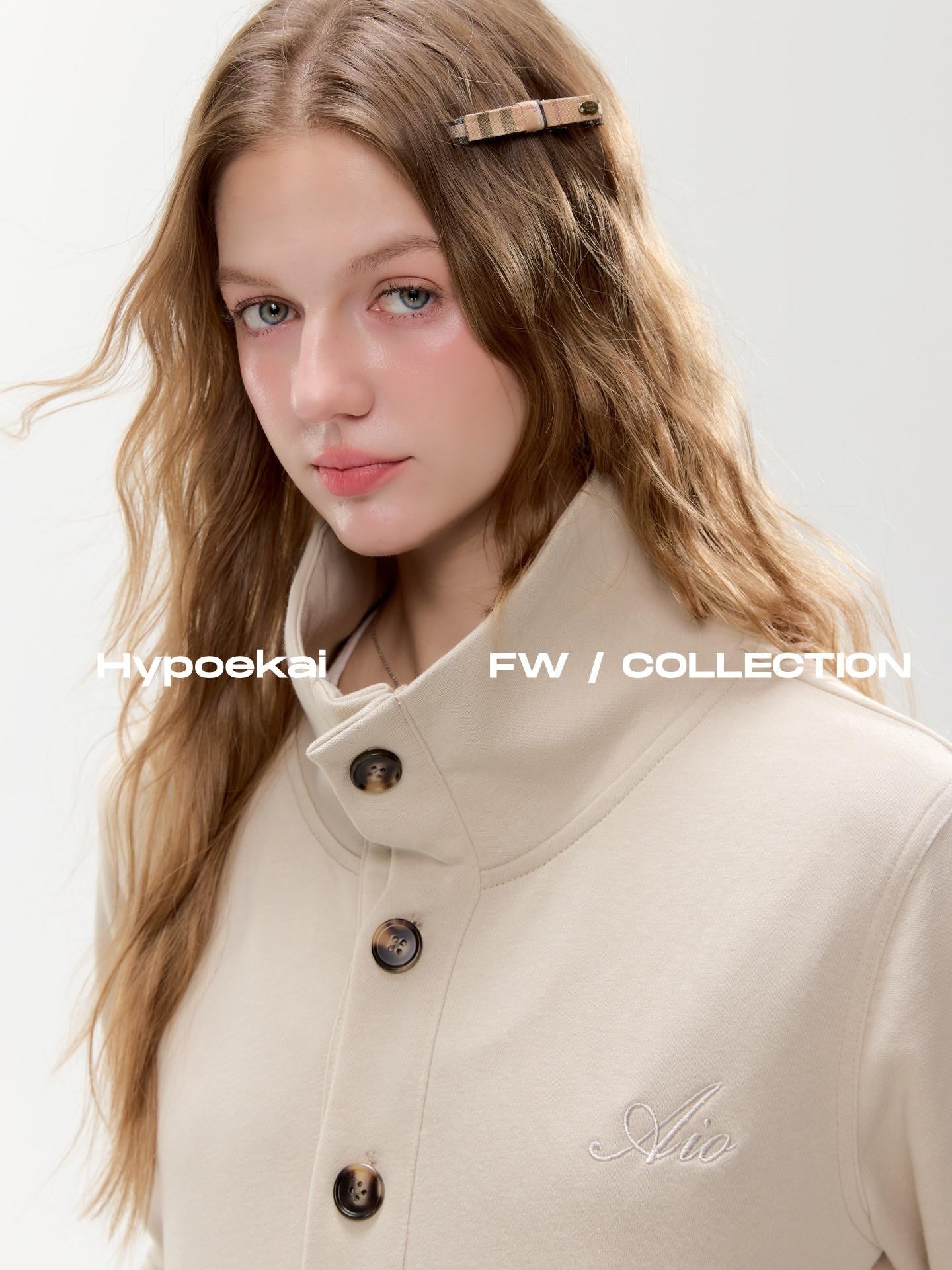 Hypoekai Light Beige Stand Collar Slim Fit Short Women's Sweatshirt Cropped Jackets