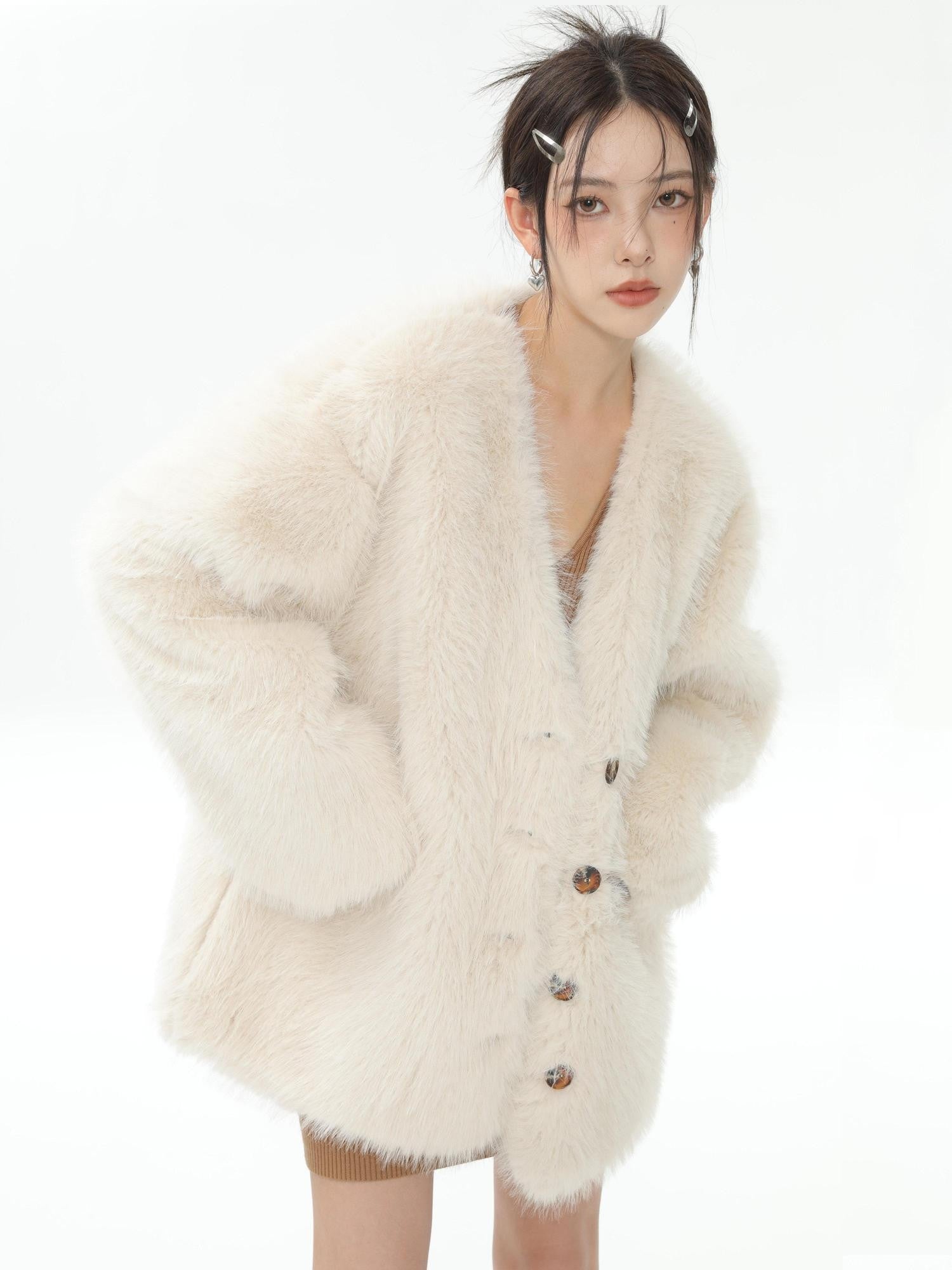 Hypoekai Long Plush V-neck Loose Slimming Casual Women's Eco Faux Fur Coats