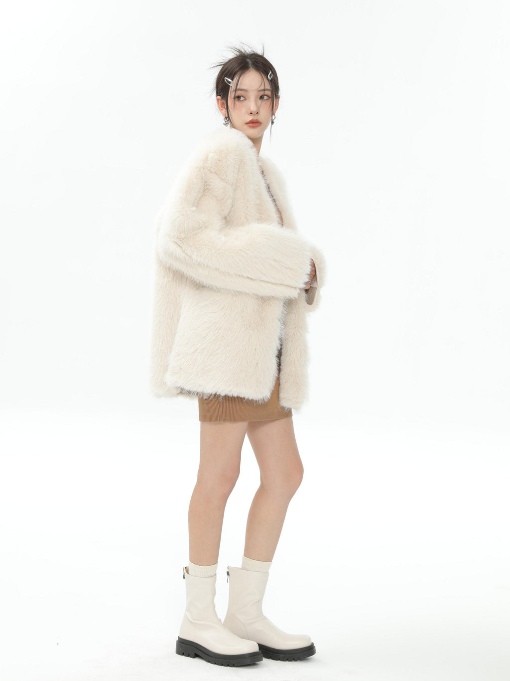 Hypoekai Long Plush V-neck Loose Slimming Casual Women's Eco Faux Fur Coats