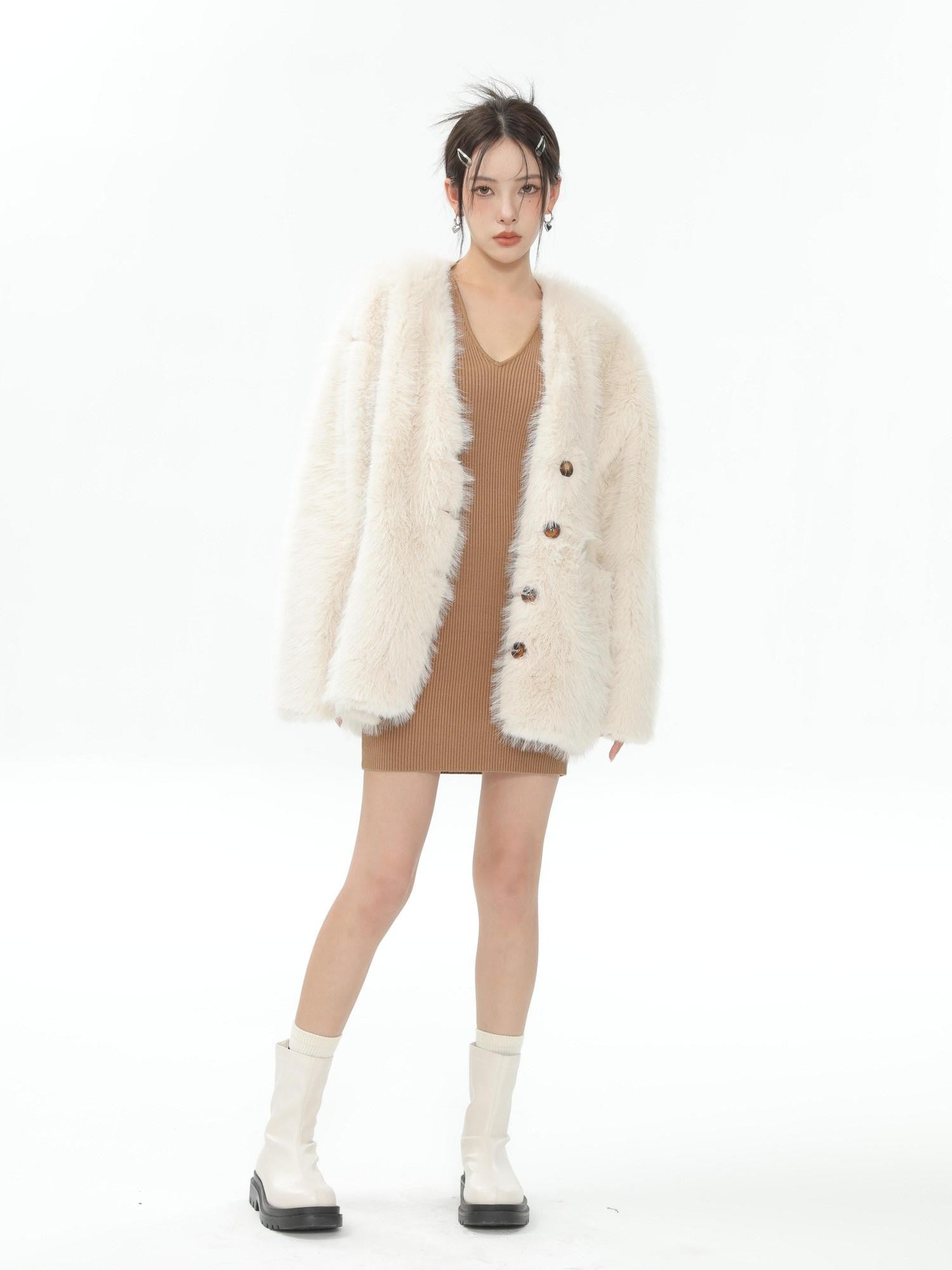 Hypoekai Long Plush V-neck Loose Slimming Casual Women's Eco Faux Fur Coats