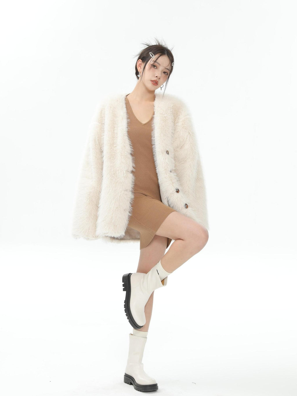 Hypoekai Long Plush V-neck Loose Slimming Casual Women's Eco Faux Fur Coats