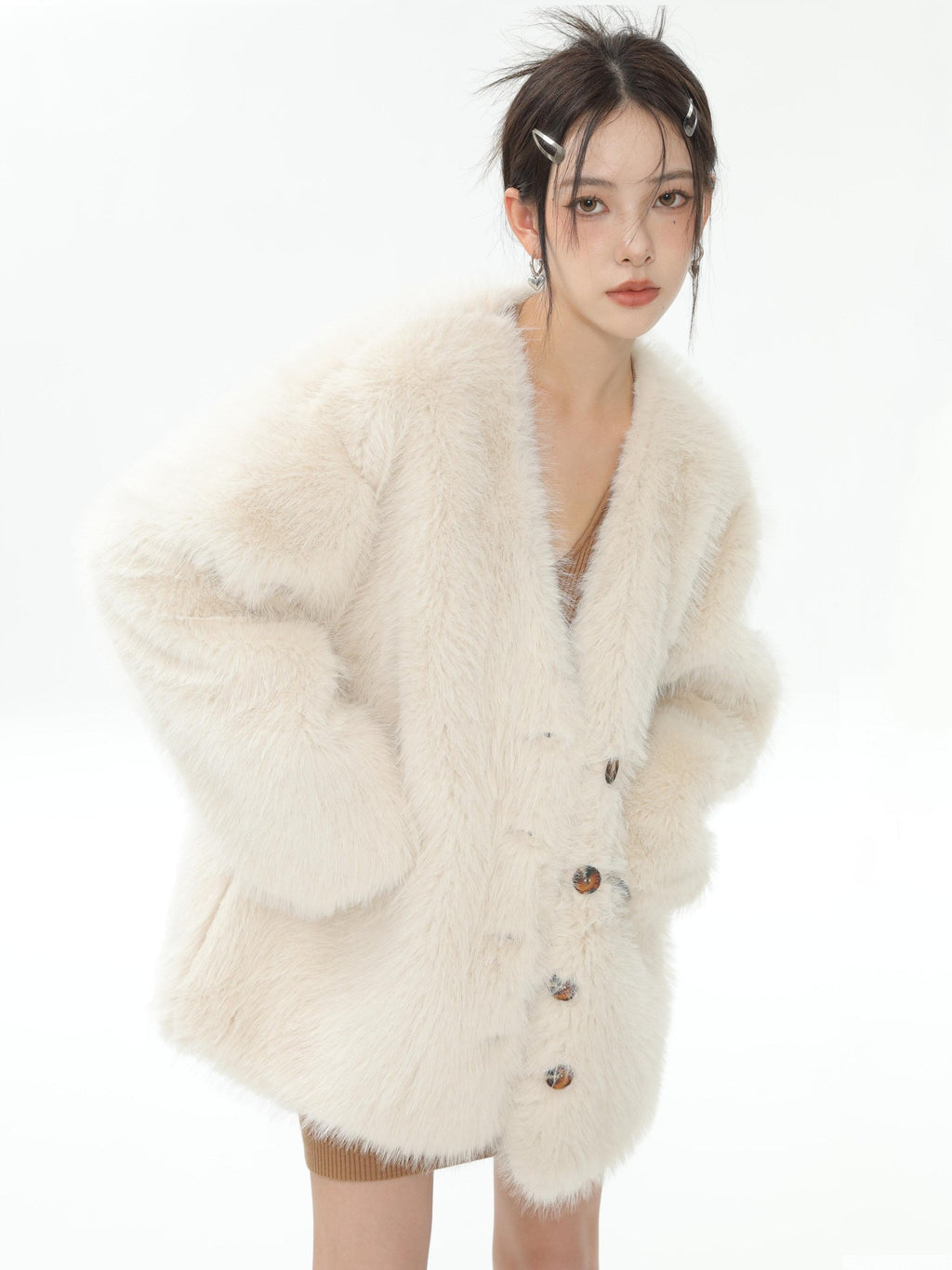 Hypoekai Long Plush V-neck Loose Slimming Casual Women's Eco Faux Fur Coats
