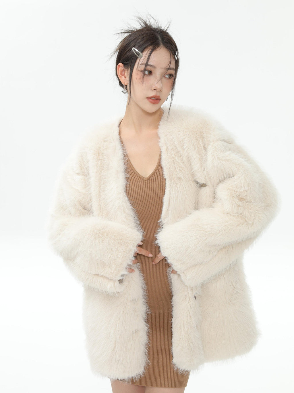 Hypoekai Long Plush V-neck Loose Slimming Casual Women's Eco Faux Fur Coats