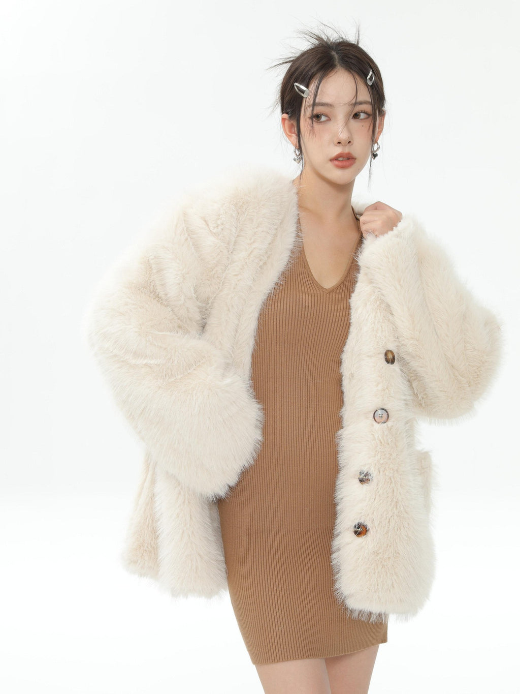 Hypoekai Long Plush V-neck Loose Slimming Casual Women's Eco Faux Fur Coats