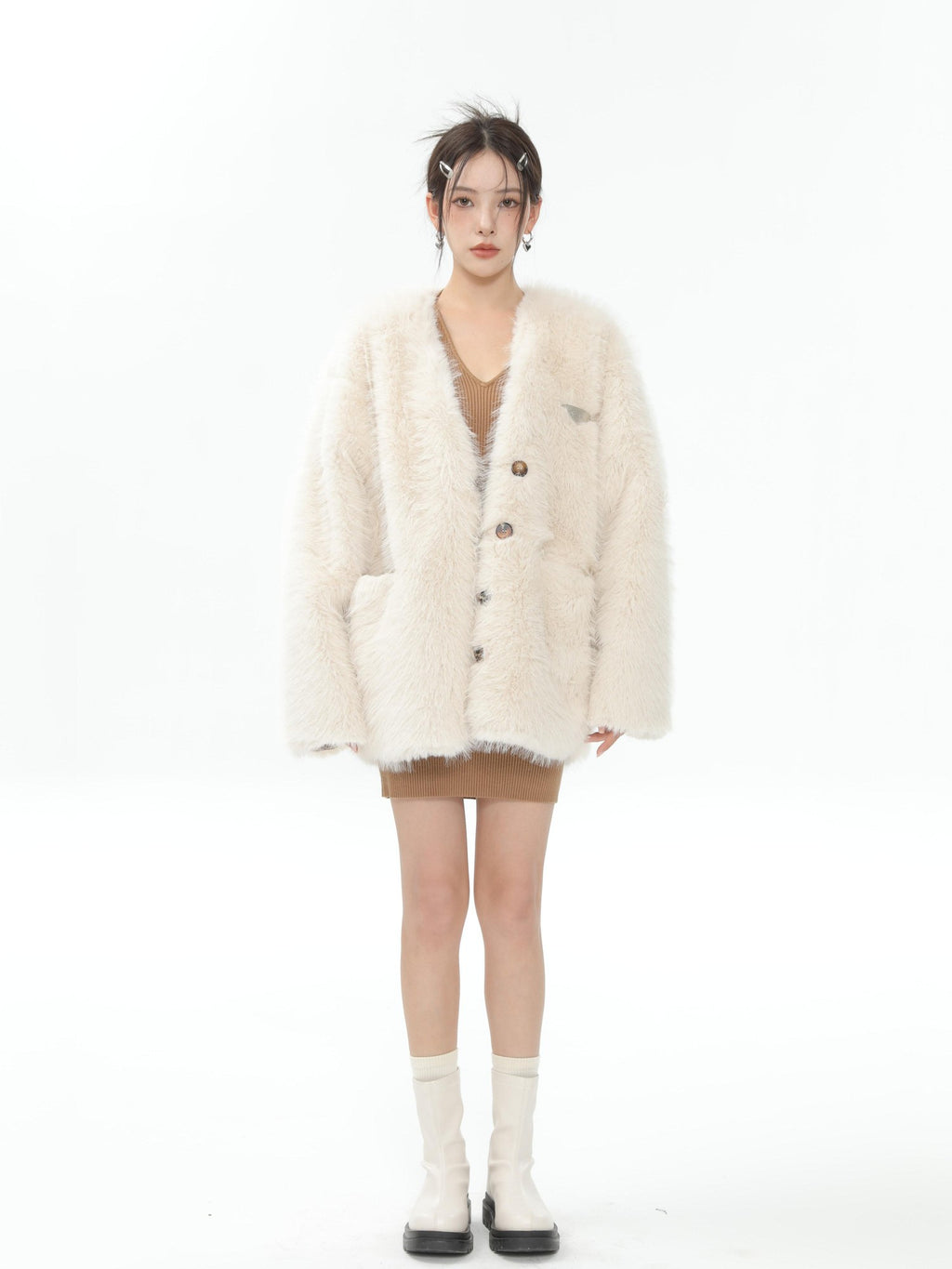 Hypoekai Long Plush V-neck Loose Slimming Casual Women's Eco Faux Fur Coats