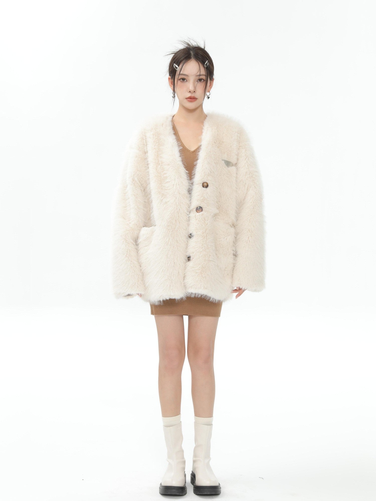 Hypoekai Long Plush V-neck Loose Slimming Casual Women's Eco Faux Fur Coats