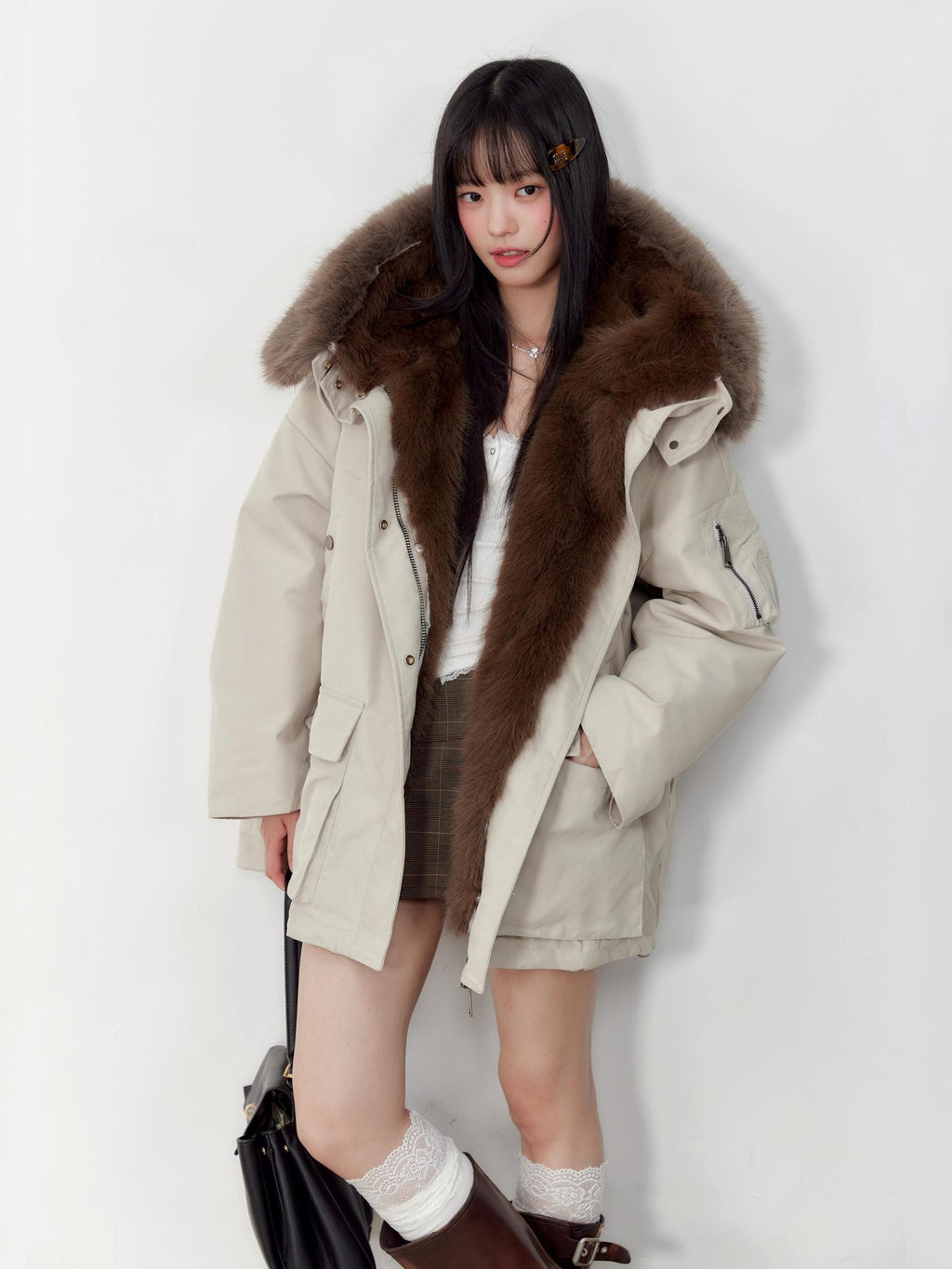 Hypoekai Loose Fit Longline Hooded Faux Fur Collar Solid Women's Puffer Jackets