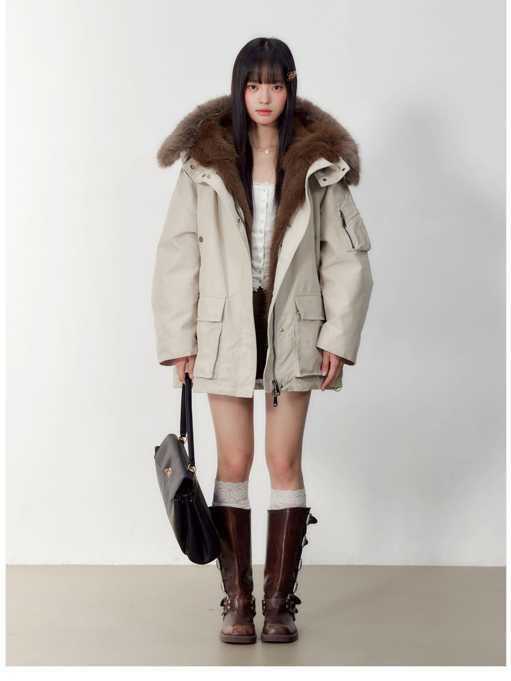 Hypoekai Loose Fit Longline Hooded Faux Fur Collar Solid Women's Puffer Jackets