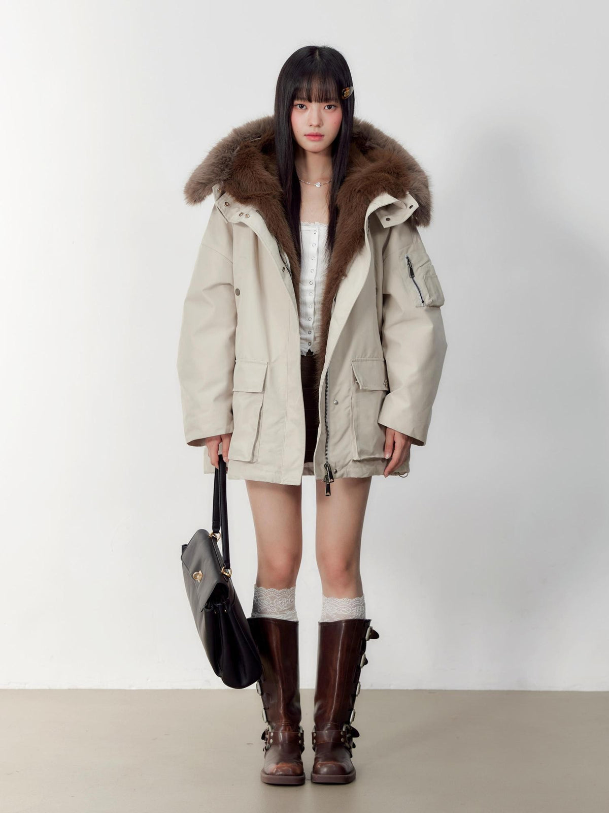 Hypoekai Loose Fit Longline Hooded Faux Fur Collar Solid Women's Puffer Jackets