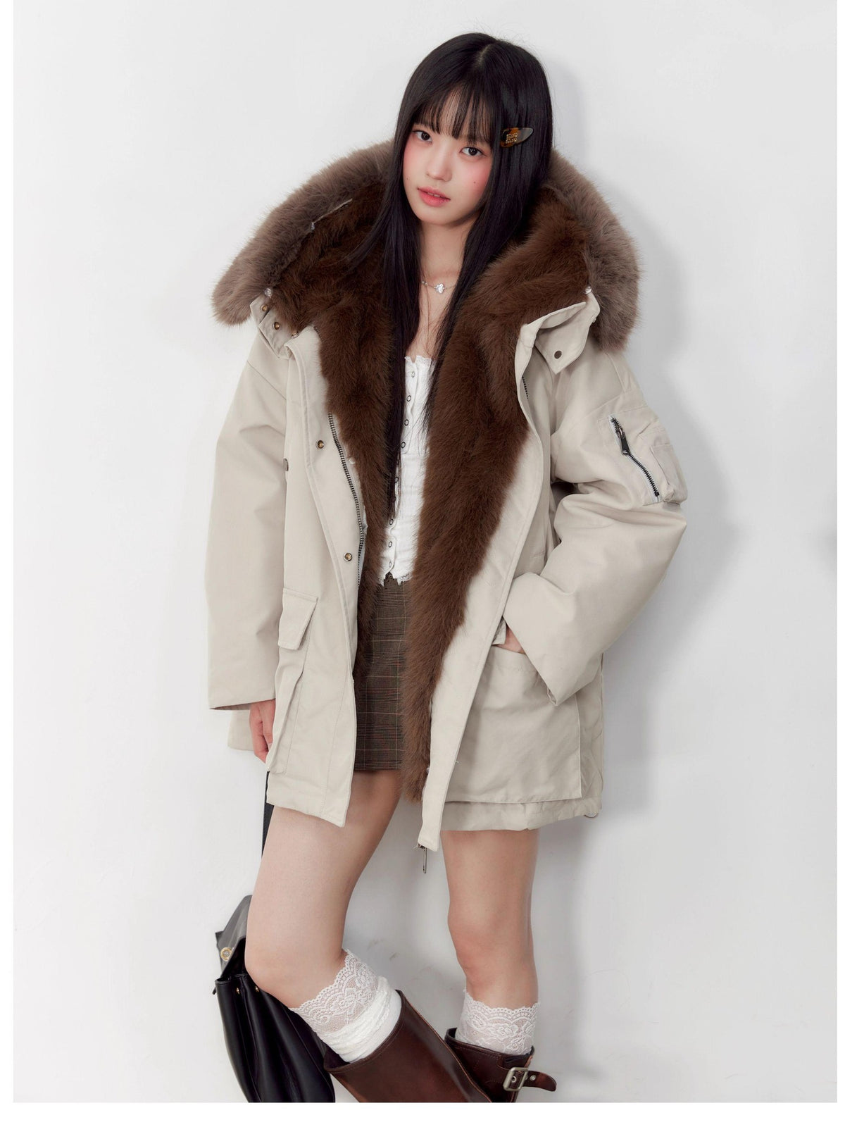 Hypoekai Loose Fit Longline Hooded Faux Fur Collar Solid Women's Puffer Jackets