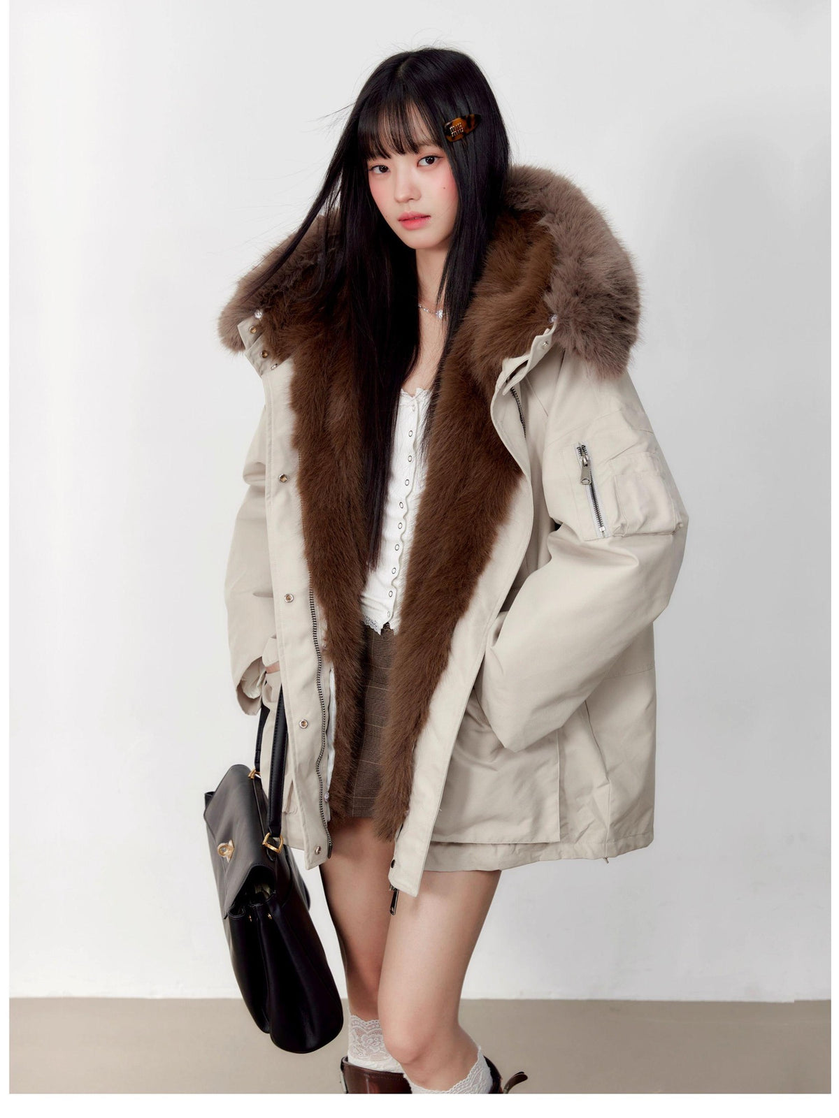 Hypoekai Loose Fit Longline Hooded Faux Fur Collar Solid Women's Puffer Jackets