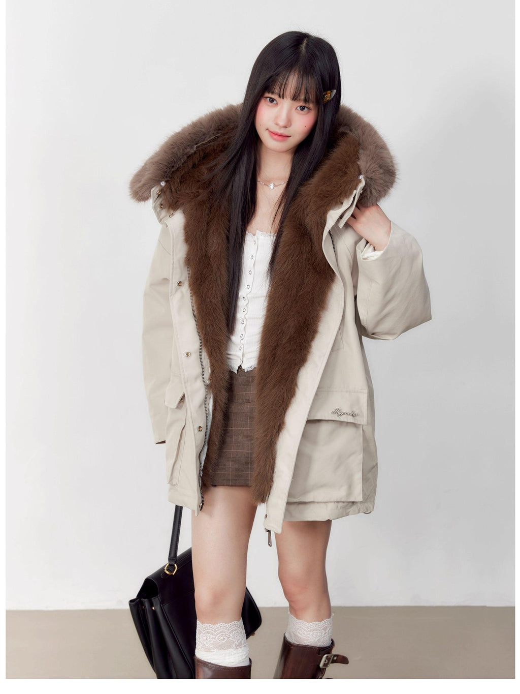 Hypoekai Loose Fit Longline Hooded Faux Fur Collar Solid Women's Puffer Jackets
