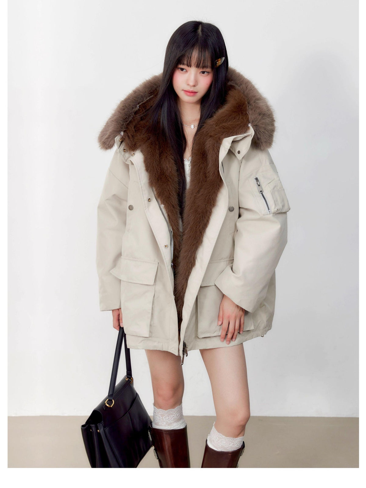 Hypoekai Loose Fit Longline Hooded Faux Fur Collar Solid Women's Puffer Jackets