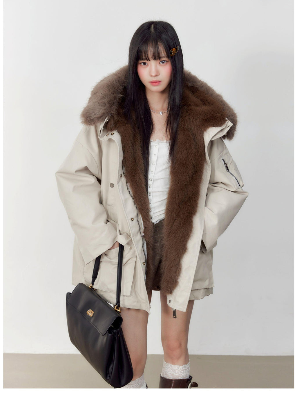 Hypoekai Loose Fit Longline Hooded Faux Fur Collar Solid Women's Puffer Jackets