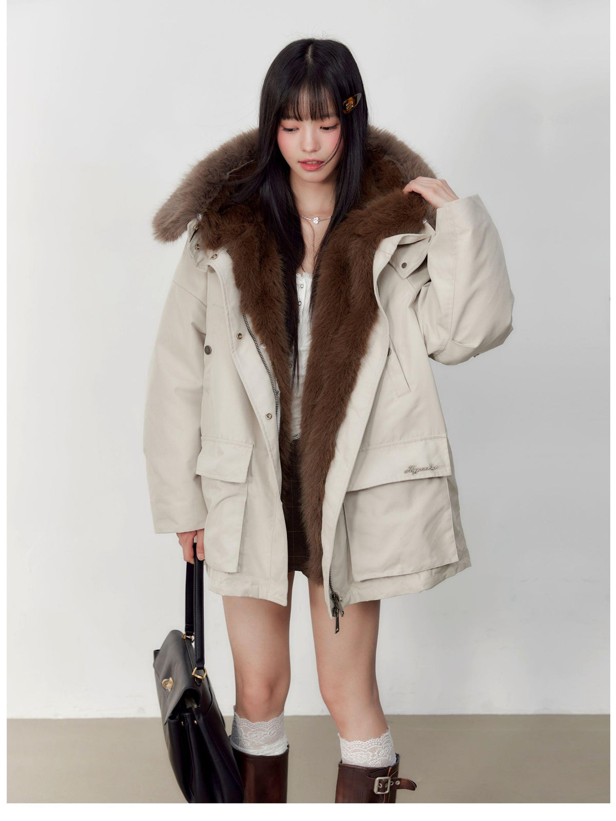 Hypoekai Loose Fit Longline Hooded Faux Fur Collar Solid Women's Puffer Jackets