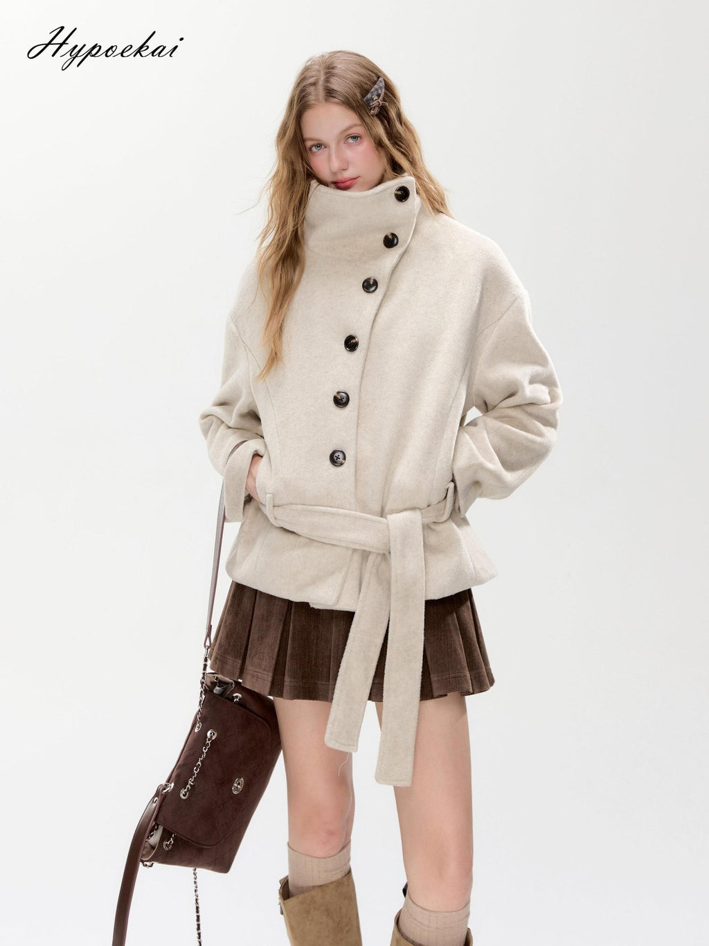 Hypoekai Loose Fit Stand Collar Diagonal Button Wool Blend Women's Wool Coats