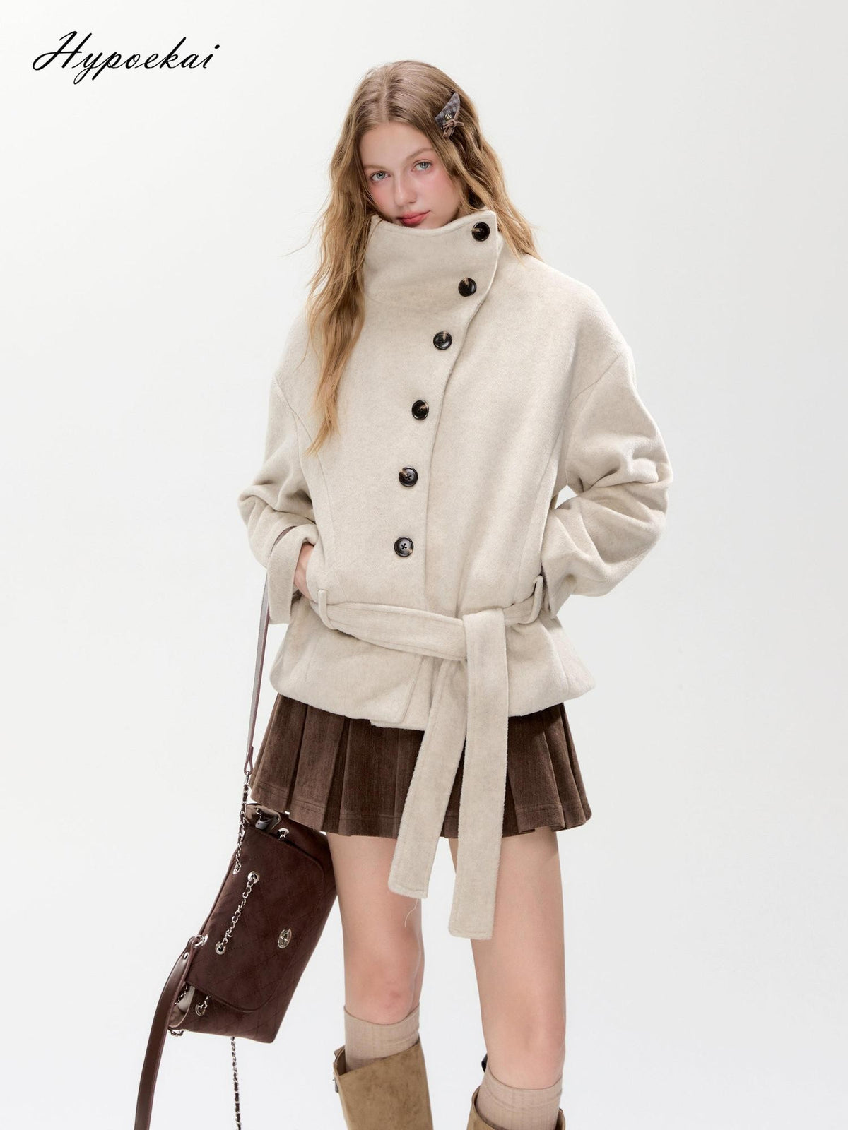 Hypoekai Loose Fit Stand Collar Diagonal Button Wool Blend Women's Wool Coats