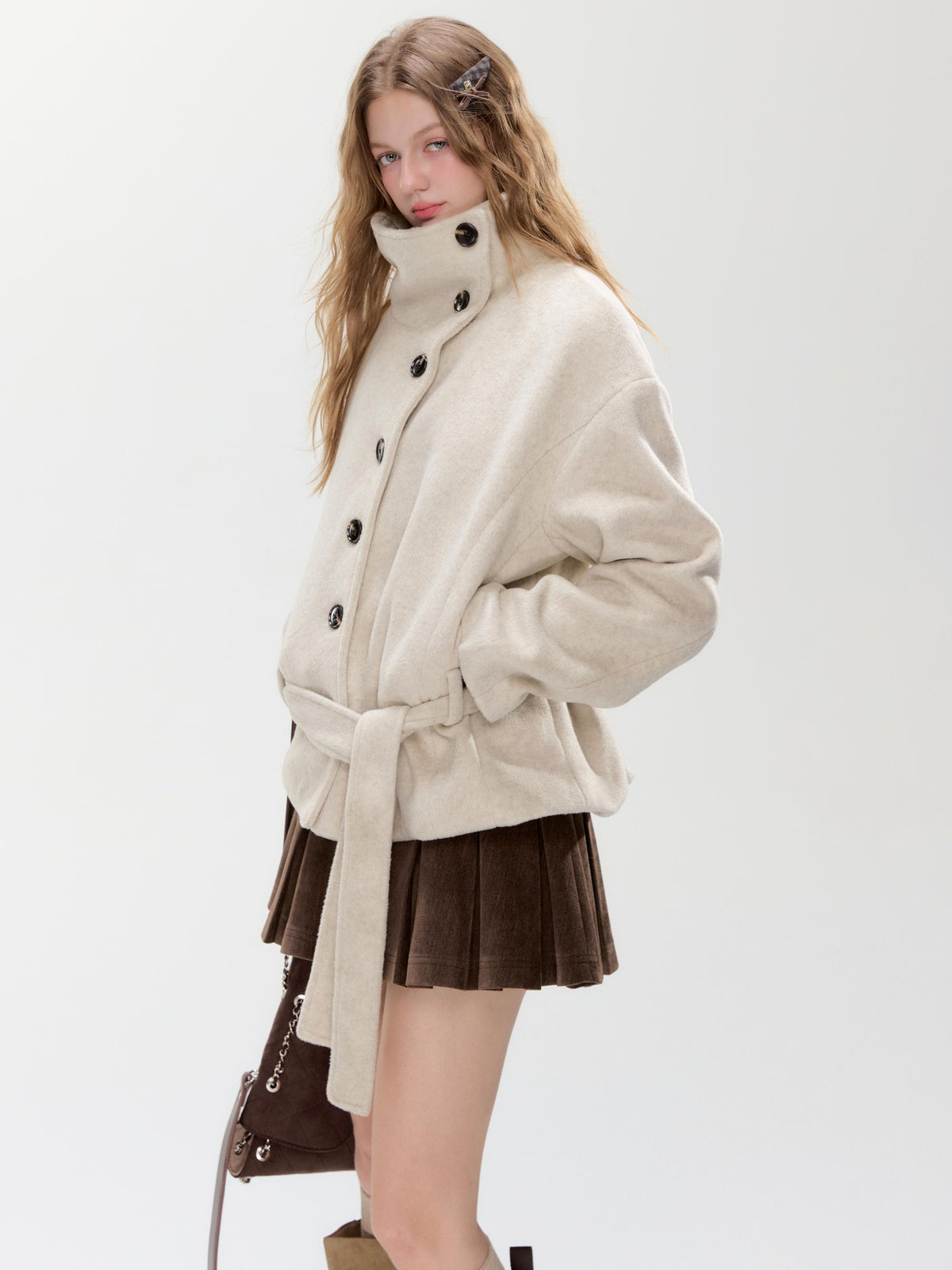 Hypoekai Loose Fit Stand Collar Diagonal Button Wool Blend Women's Wool Coats