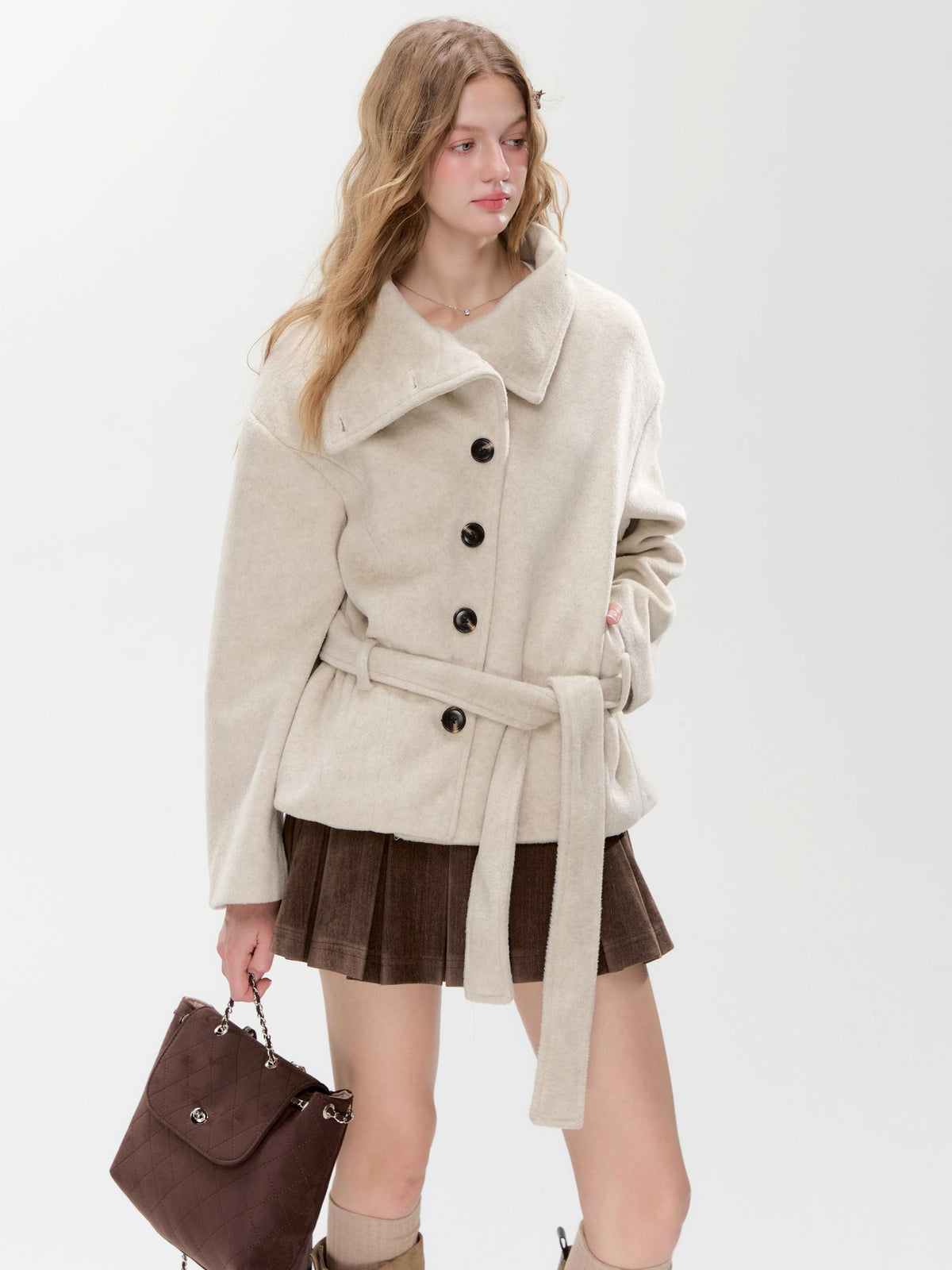 Hypoekai Loose Fit Stand Collar Diagonal Button Wool Blend Women's Wool Coats