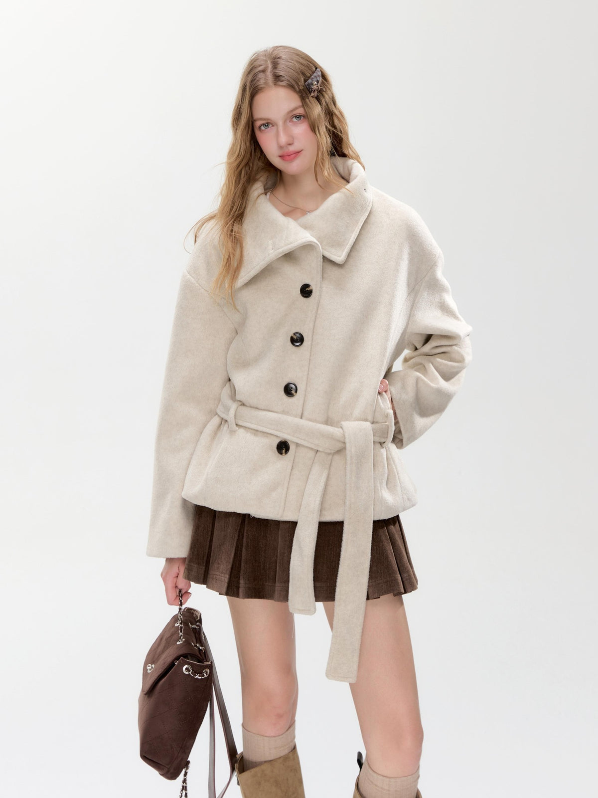 Hypoekai Loose Fit Stand Collar Diagonal Button Wool Blend Women's Wool Coats