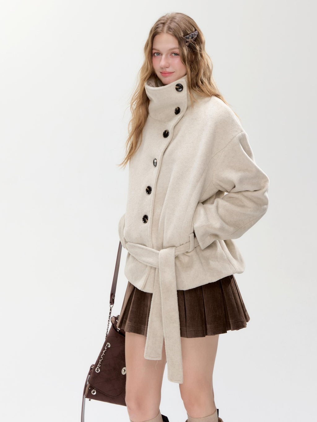 Hypoekai Loose Fit Stand Collar Diagonal Button Wool Blend Women's Wool Coats