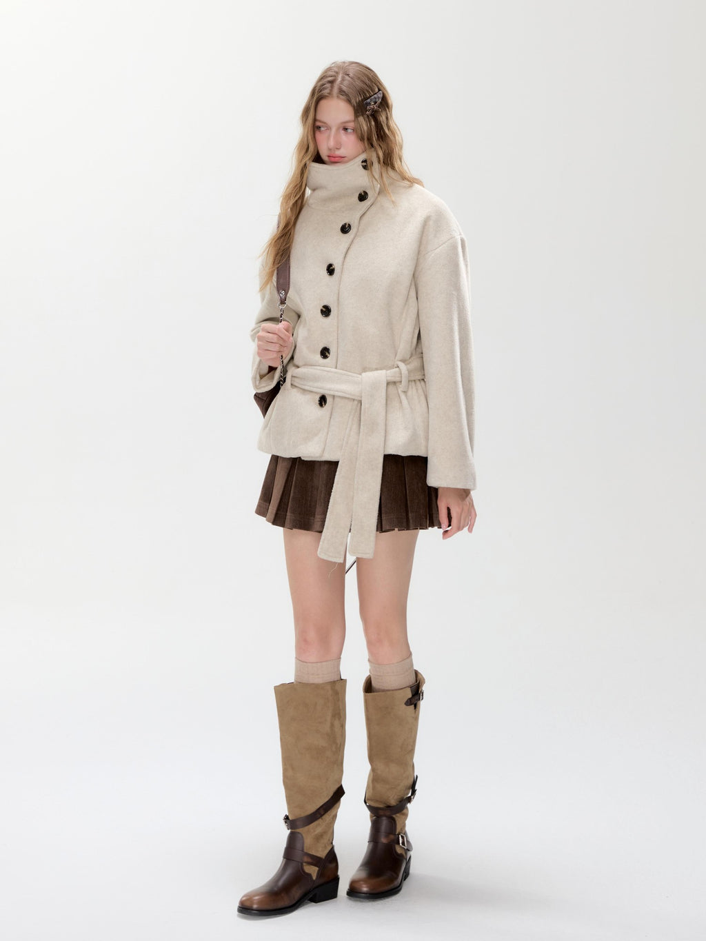 Hypoekai Loose Fit Stand Collar Diagonal Button Wool Blend Women's Wool Coats