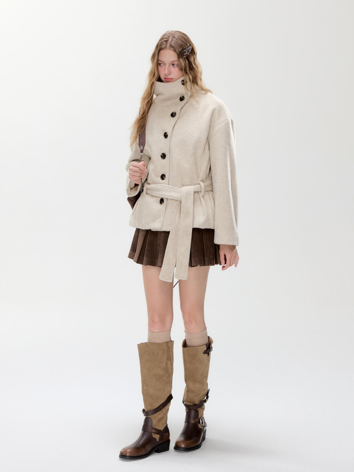 Hypoekai Loose Fit Stand Collar Diagonal Button Wool Blend Women's Wool Coats