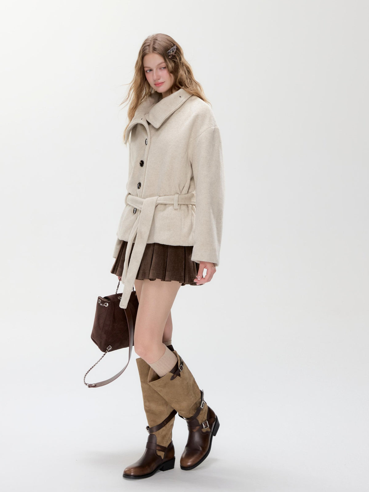 Hypoekai Loose Fit Stand Collar Diagonal Button Wool Blend Women's Wool Coats