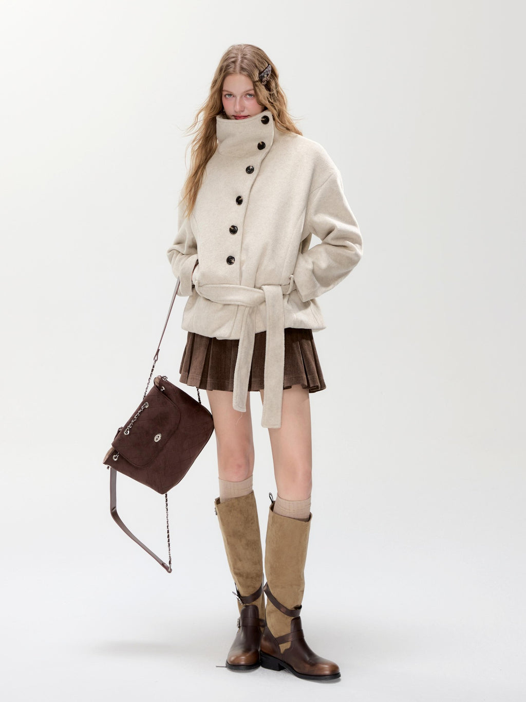 Hypoekai Loose Fit Stand Collar Diagonal Button Wool Blend Women's Wool Coats