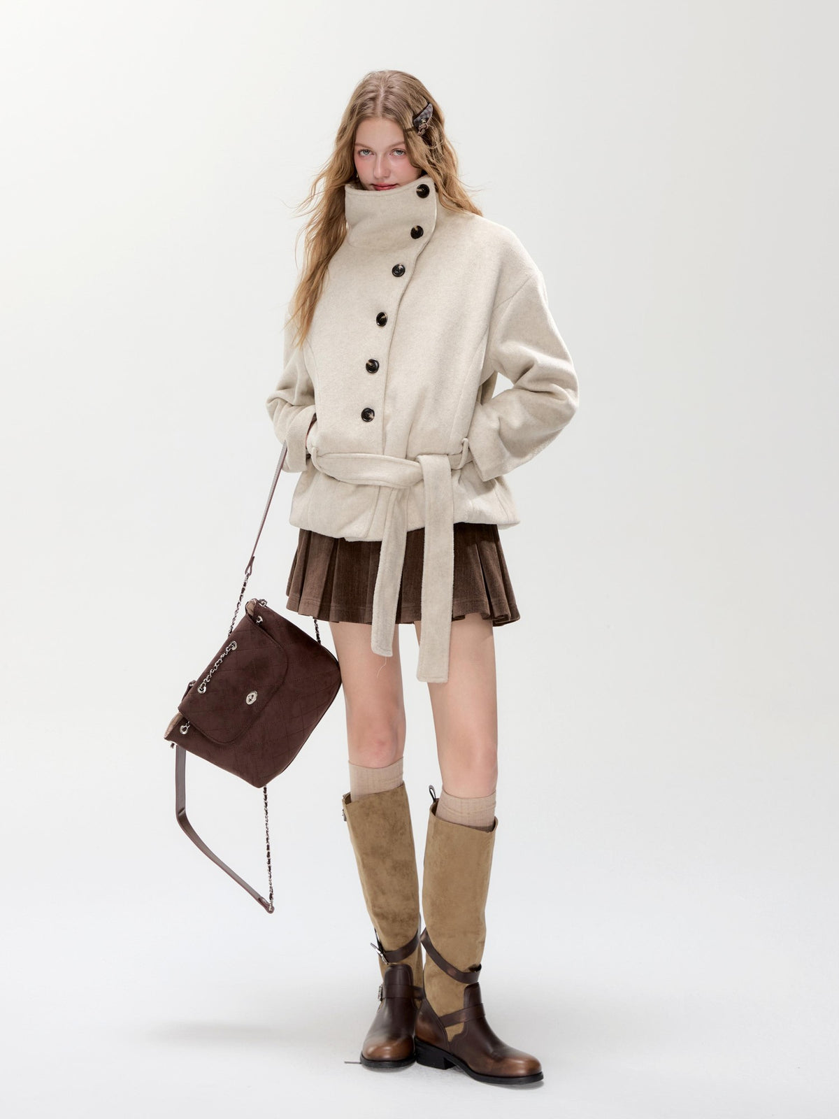 Hypoekai Loose Fit Stand Collar Diagonal Button Wool Blend Women's Wool Coats