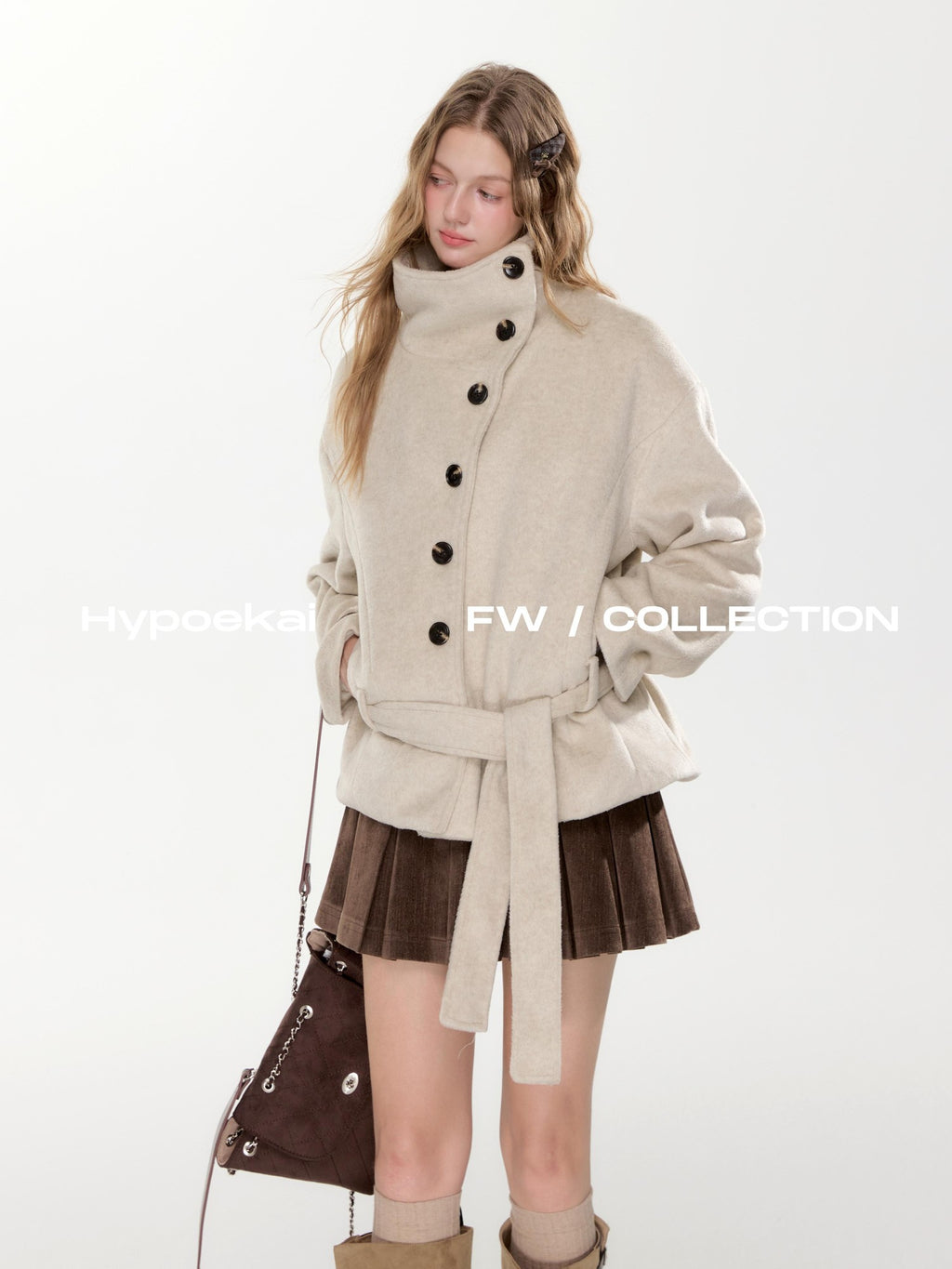 Hypoekai Loose Fit Stand Collar Diagonal Button Wool Blend Women's Wool Coats