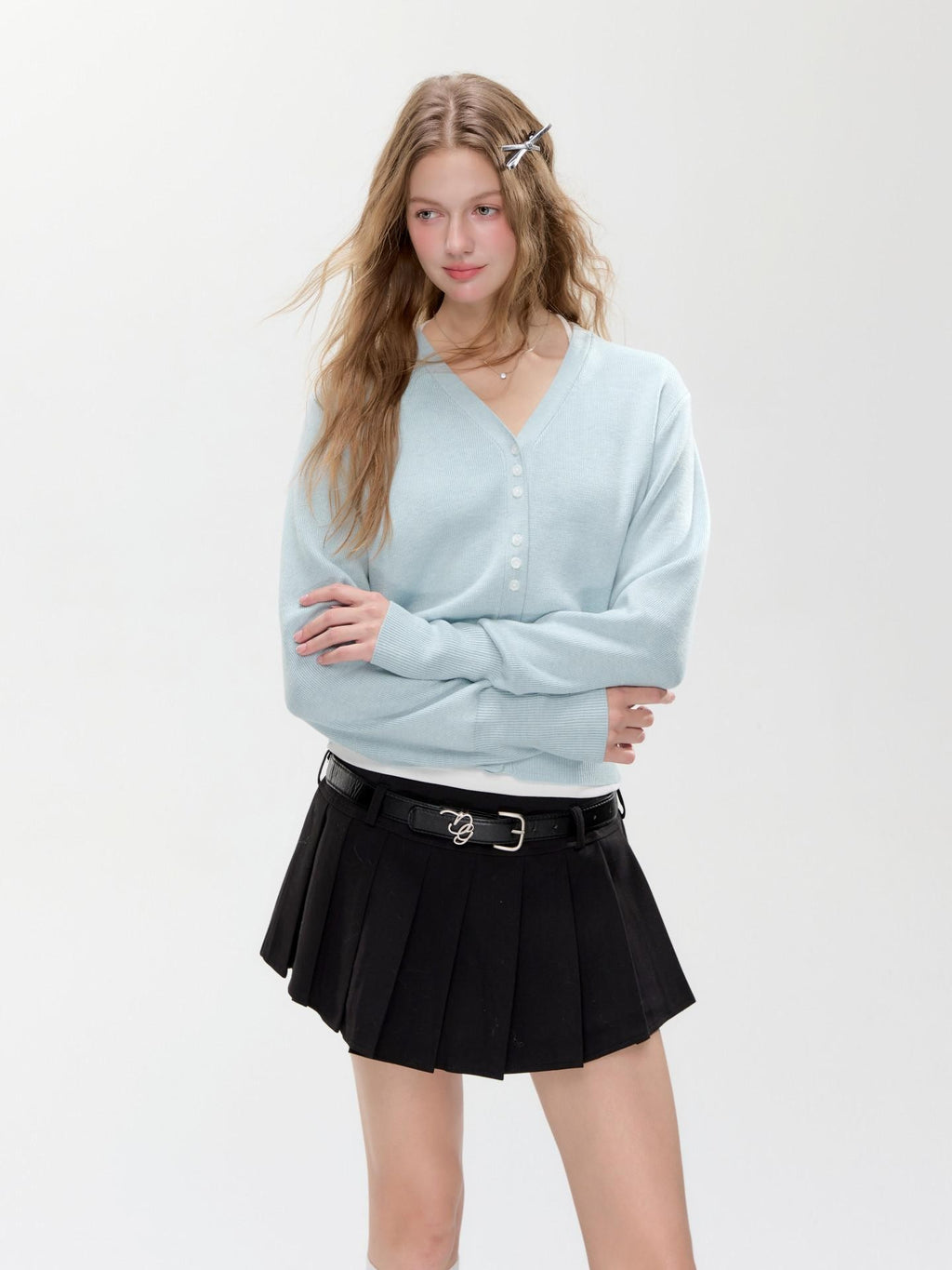 Hypoekai Mist Green Placket Colored Buttons V-neck Slim Women's Knit Button-up Cardigans