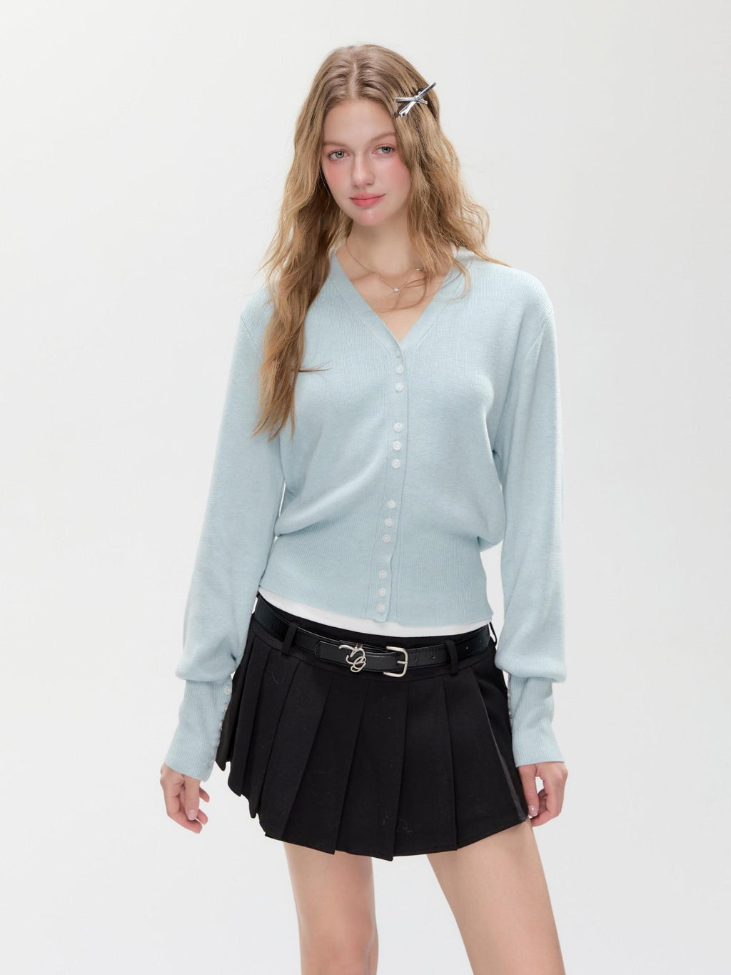Hypoekai Mist Green Placket Colored Buttons V-neck Slim Women's Knit Button-up Cardigans