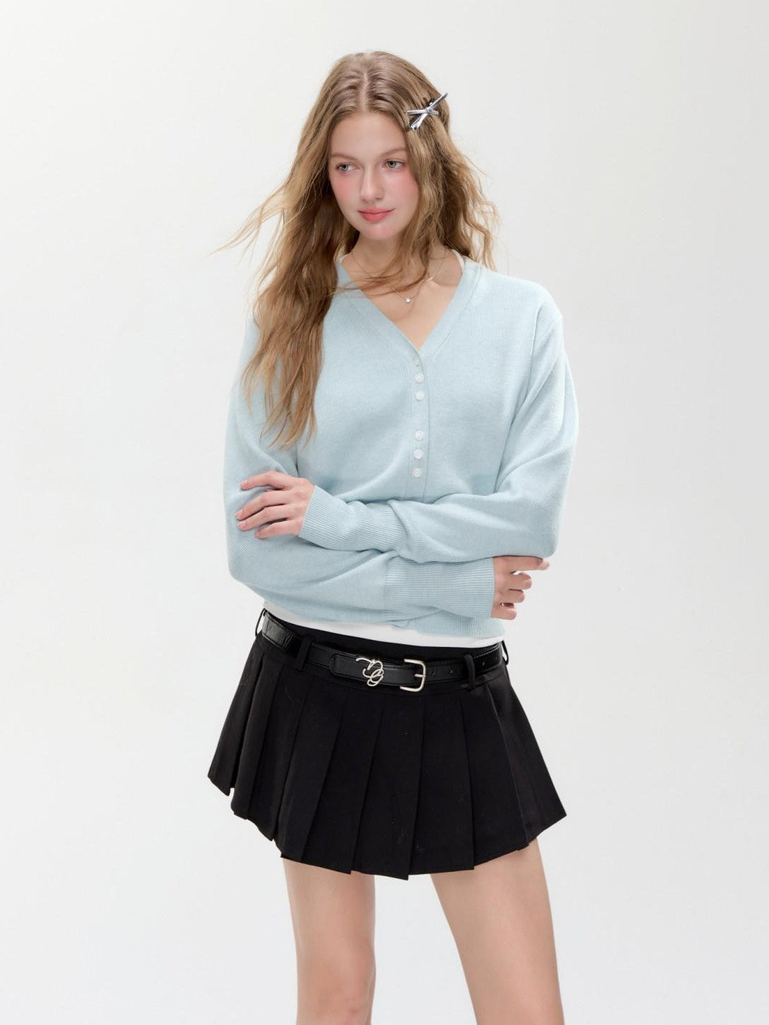 Hypoekai Mist Green Placket Colored Buttons V-neck Slim Women's Knit Button-up Cardigans