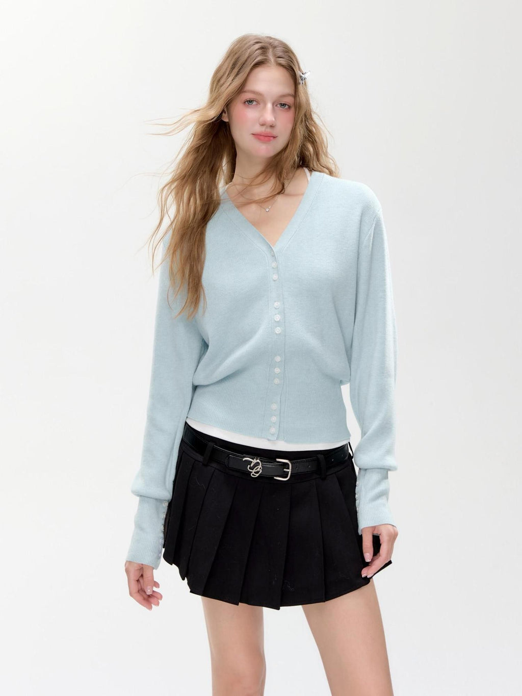 Hypoekai Mist Green Placket Colored Buttons V-neck Slim Women's Knit Button-up Cardigans