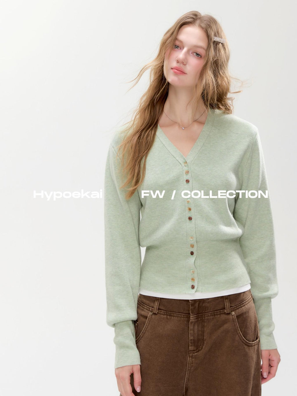Hypoekai Mist Green Placket Colored Buttons V-neck Slim Women's Knit Button-up Cardigans